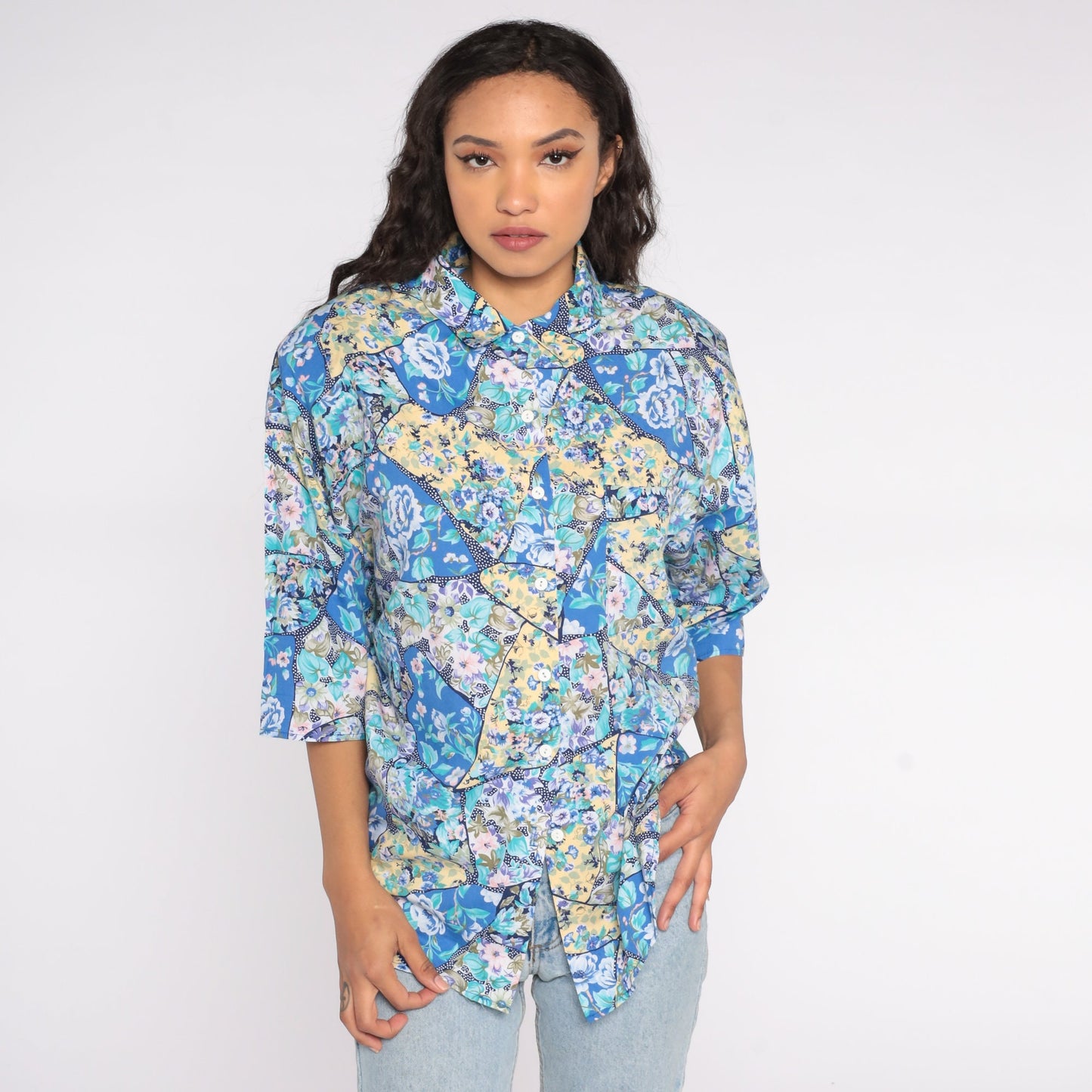 80s Floral Button-Up Blouse Blue Yellow Short Sleeve Shoulder Pads Plus Size 18W