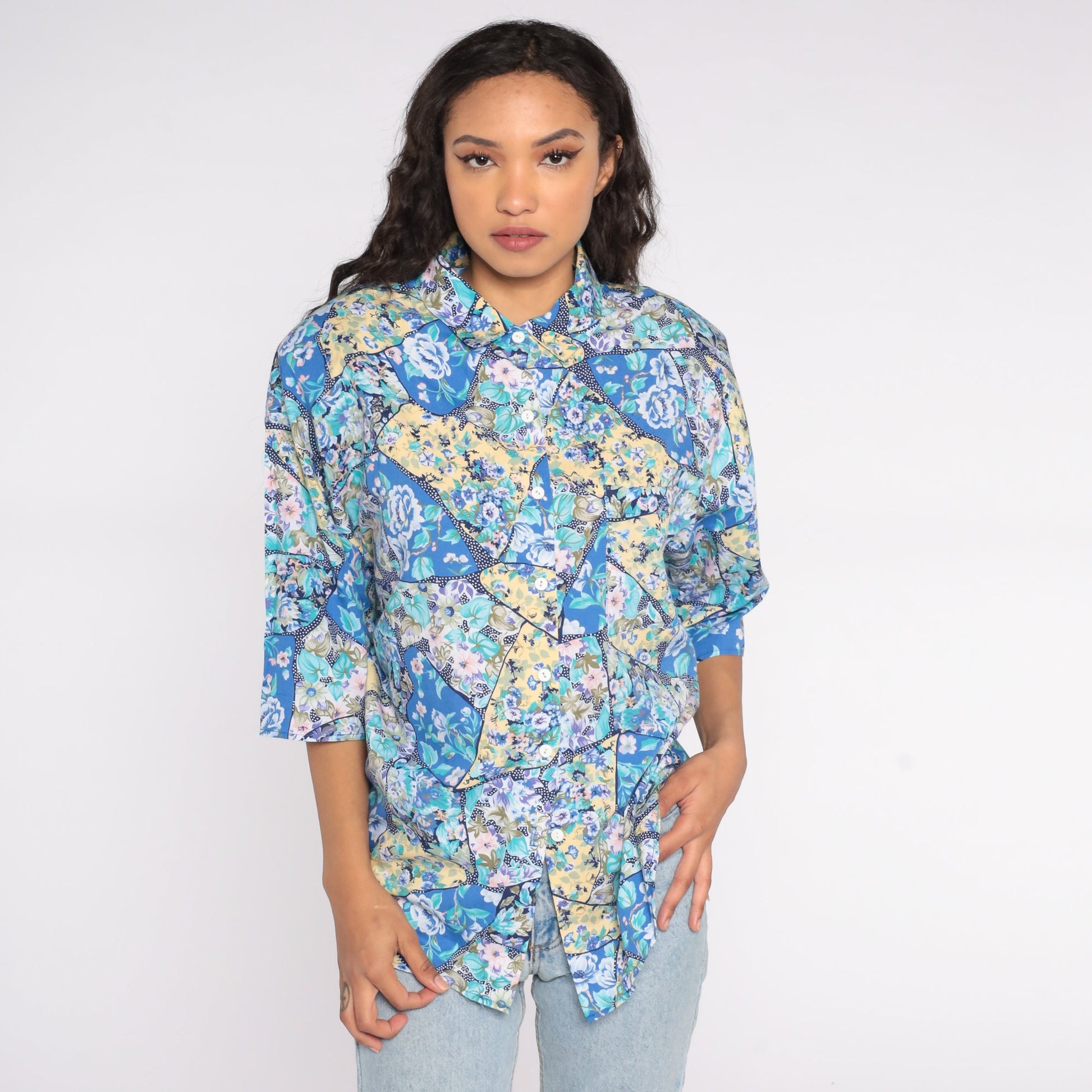 80s Floral Button-Up Blouse Blue Yellow Short Sleeve Shoulder Pads Plus Size 18W