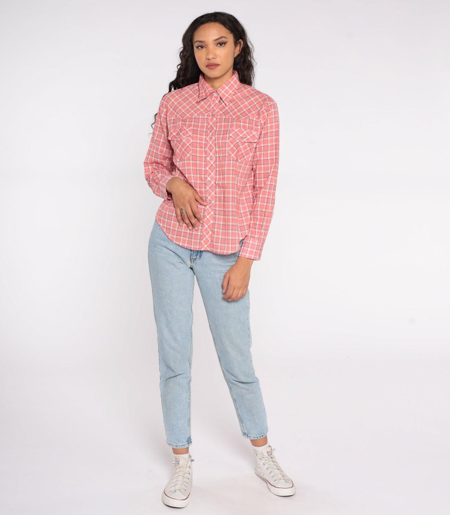 80s Western Shirt Red Plaid Pearl Snap Button Up Medium
