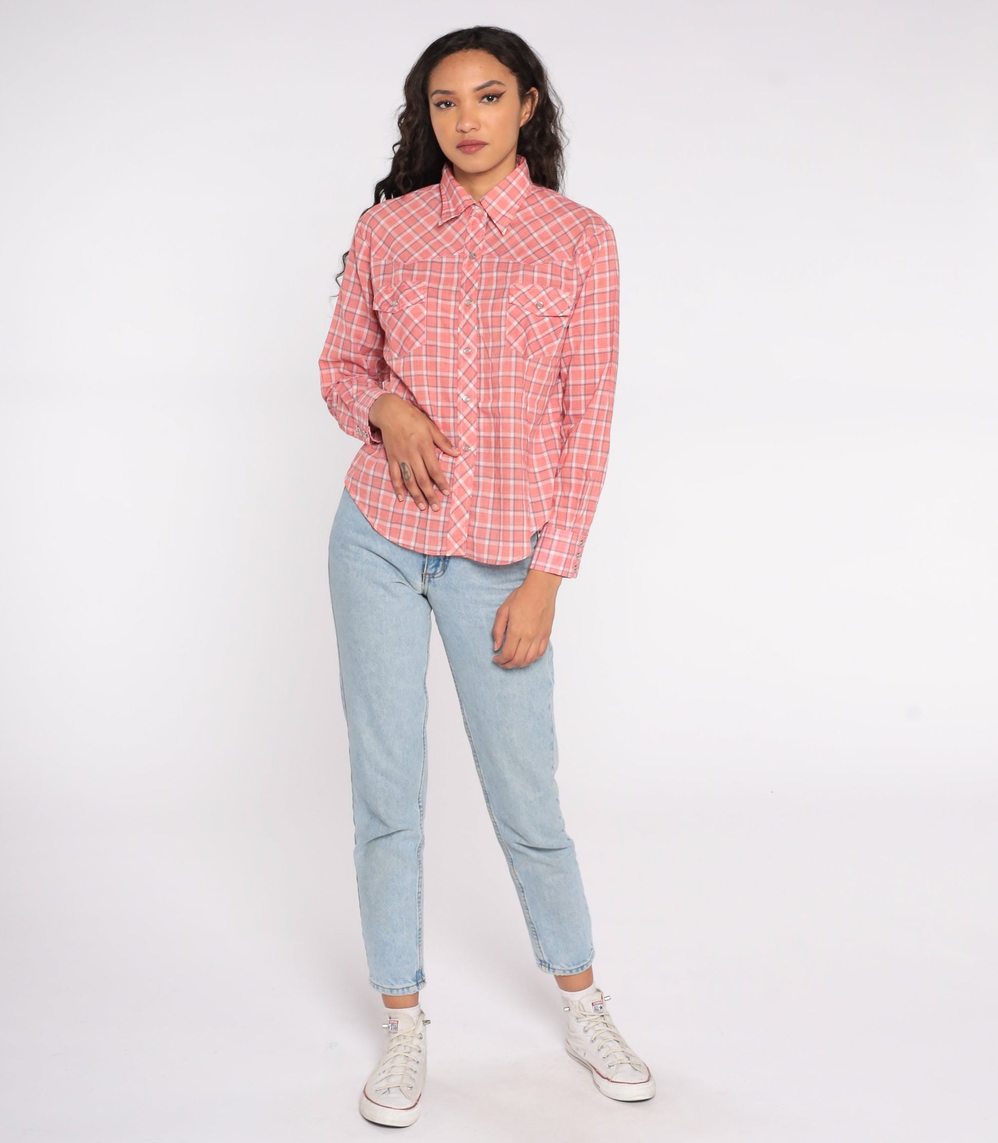 80s Western Shirt Red Plaid Pearl Snap Button Up Medium