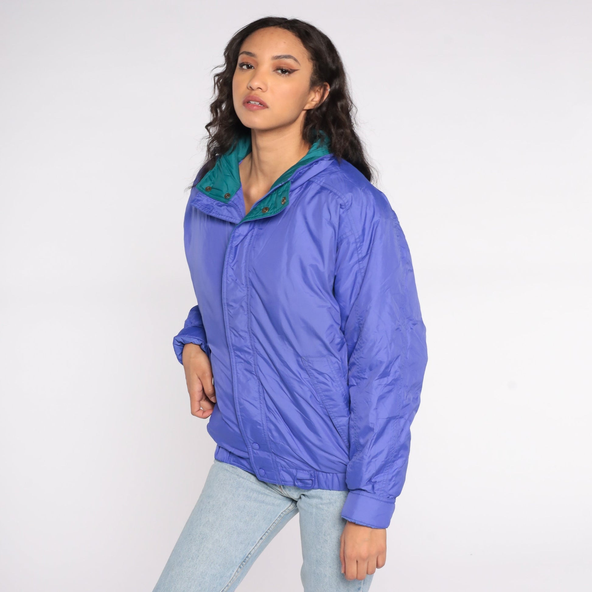 90s Eddie Bauer Purple Puffer Ski Jacket Green Trim Down Goose Large