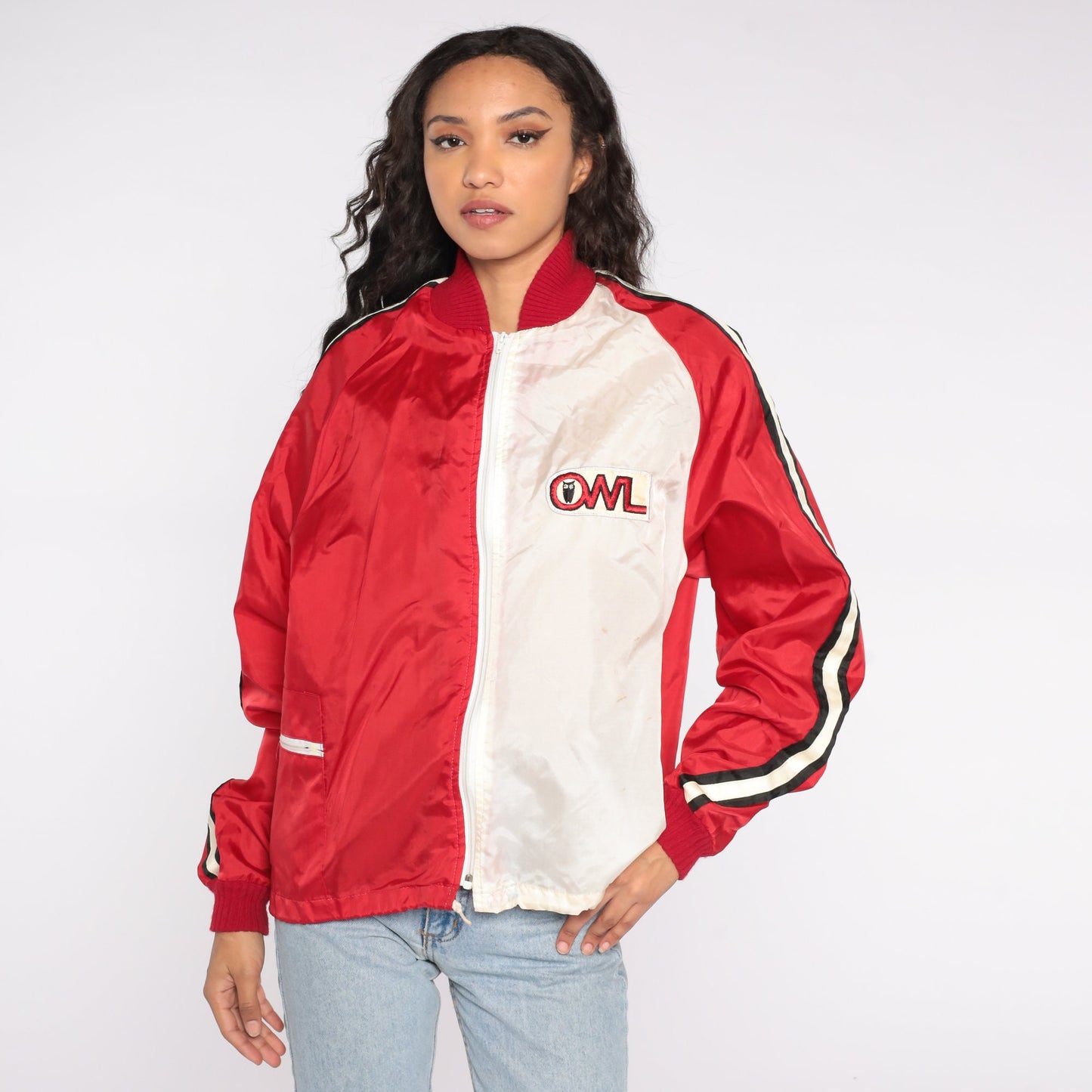 70s Red White Colour Block Windbreaker Jacket Owl Patch Zip Nylon Extra Large