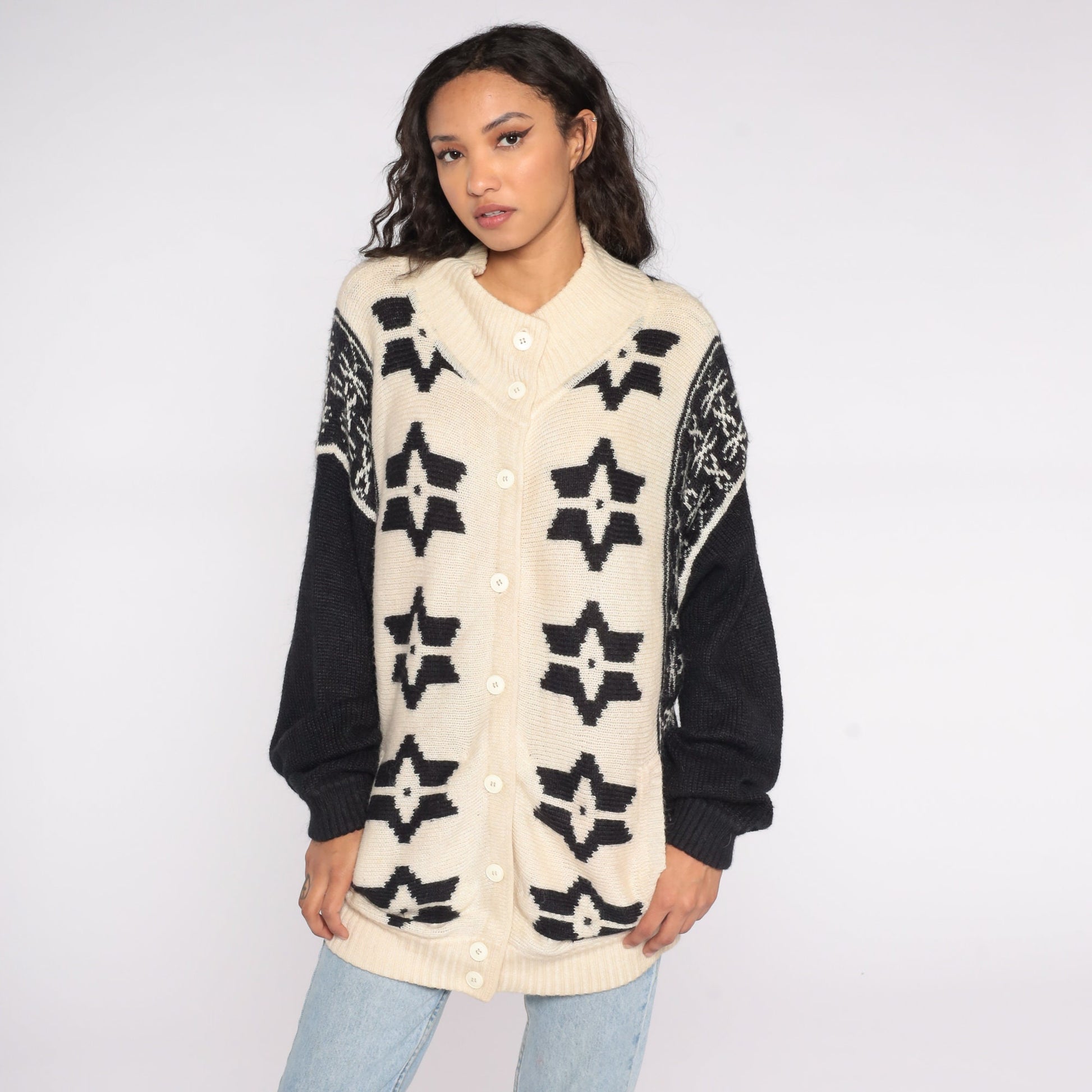 80s Fair Isle Cardigan Off-White Snowflake Knit Button-Up Large L