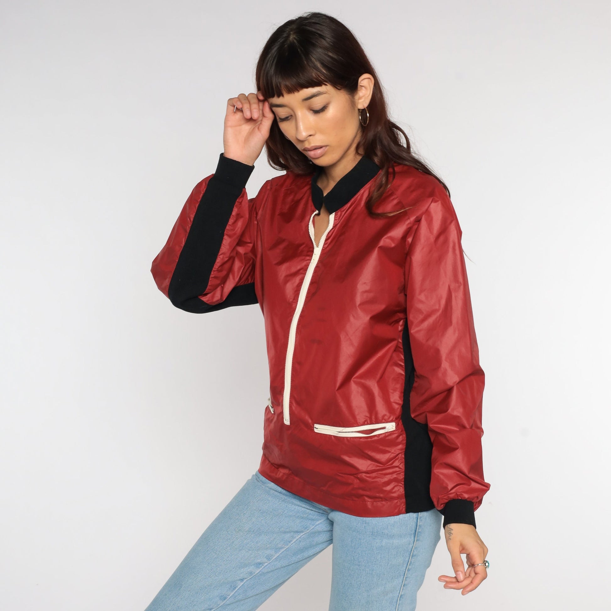 80s Red Nylon Windbreaker Jacket Raglan Sleeve Zip Bomber Large L