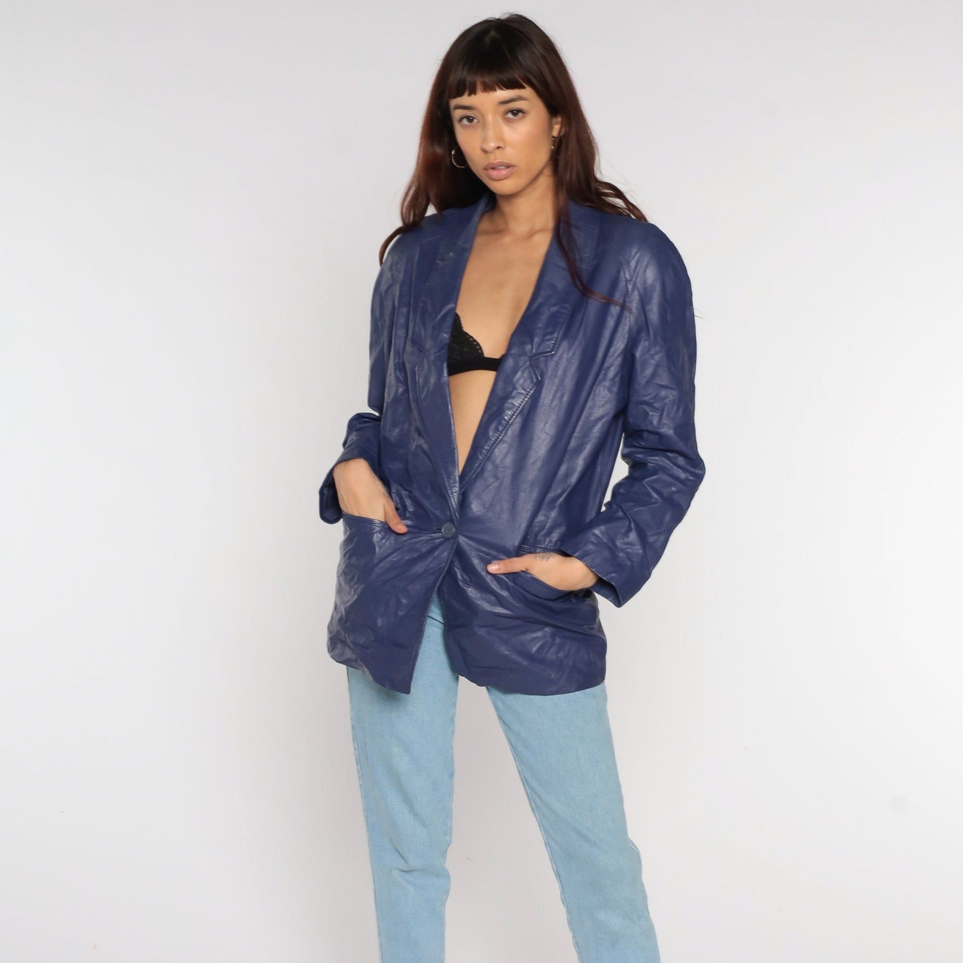 80s Purple Leather Blazer Shoulder Pad Jacket Medium M