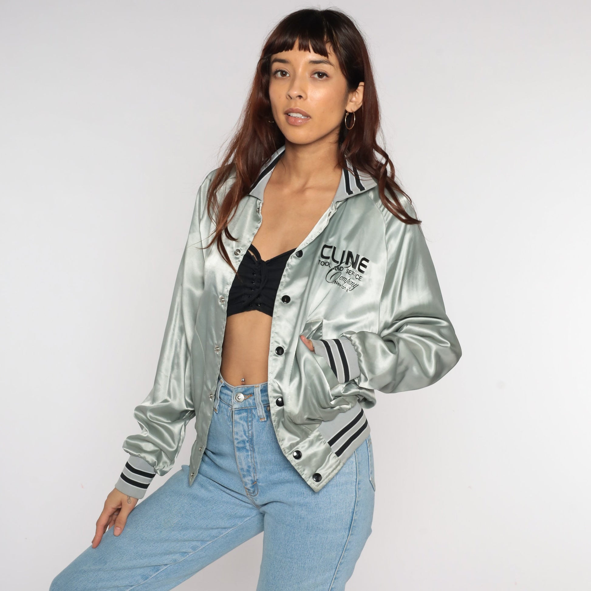 80s Cline Tool and Service Satin Bomber Jacket Silver Small