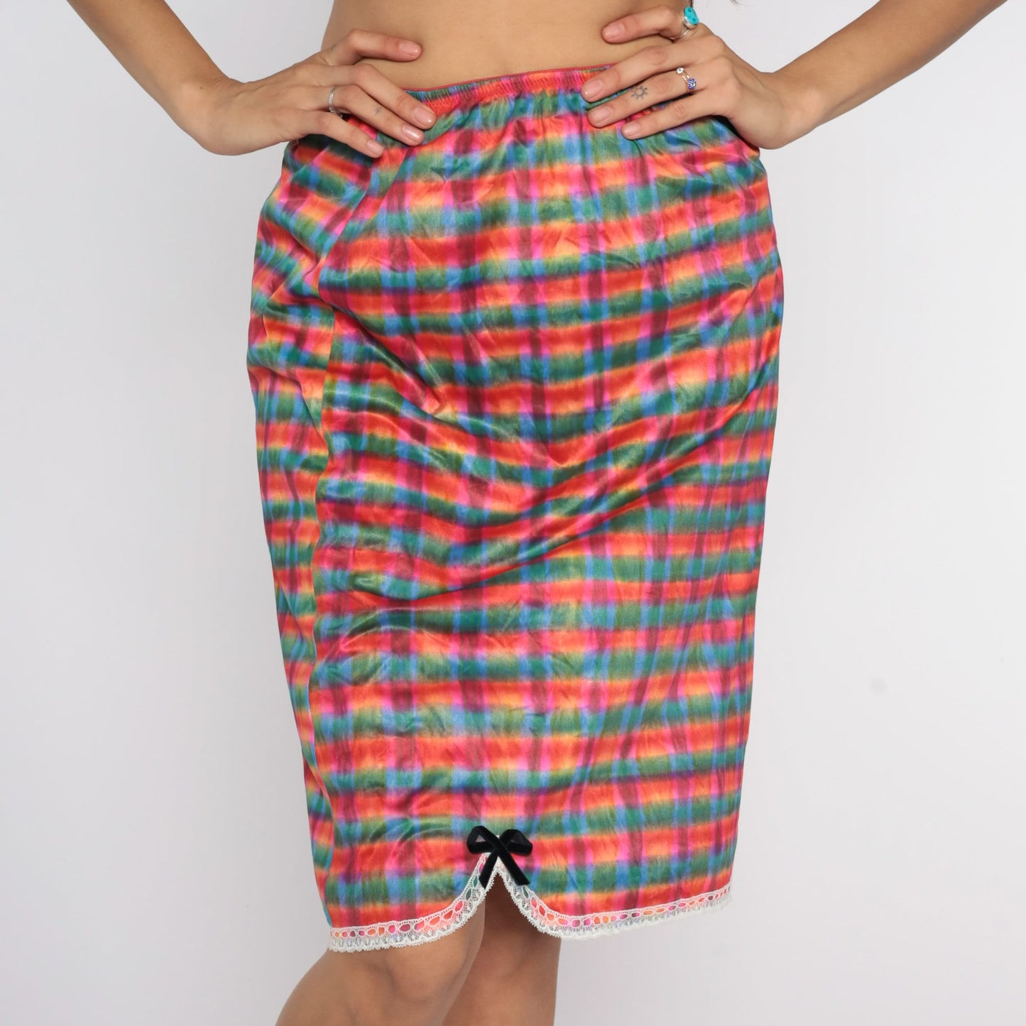 70s Checkered Nylon Half Slip Lingerie Skirt Lace Trim Green Pink Red Medium