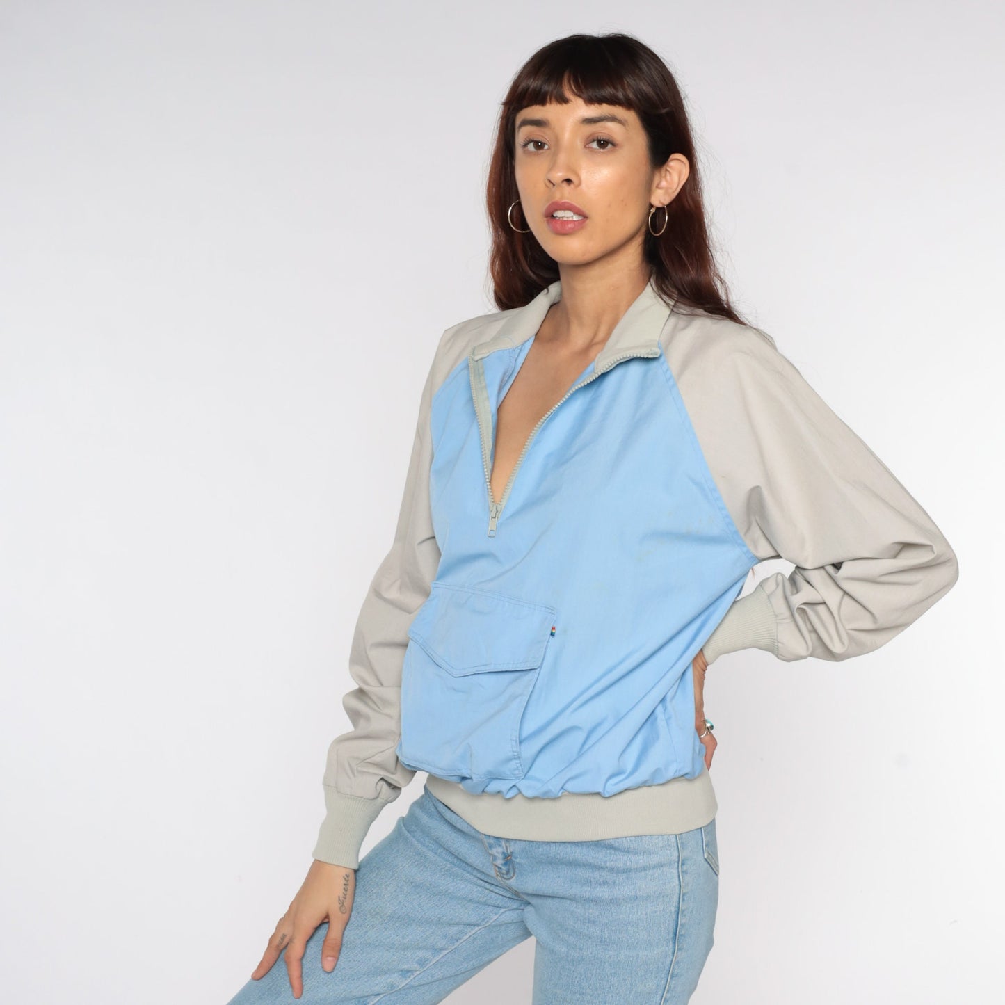 80s Baby Blue Taupe Raglan Windbreaker Half Zip Pullover Jacket Large