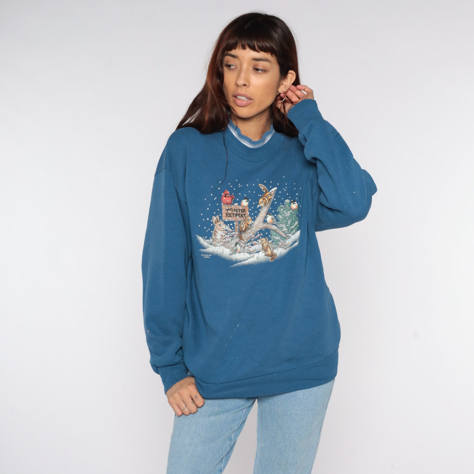 80s Winter Animal Graphic Sweatshirt Blue Mock Neck Bunny Squirrel Birds Large L
