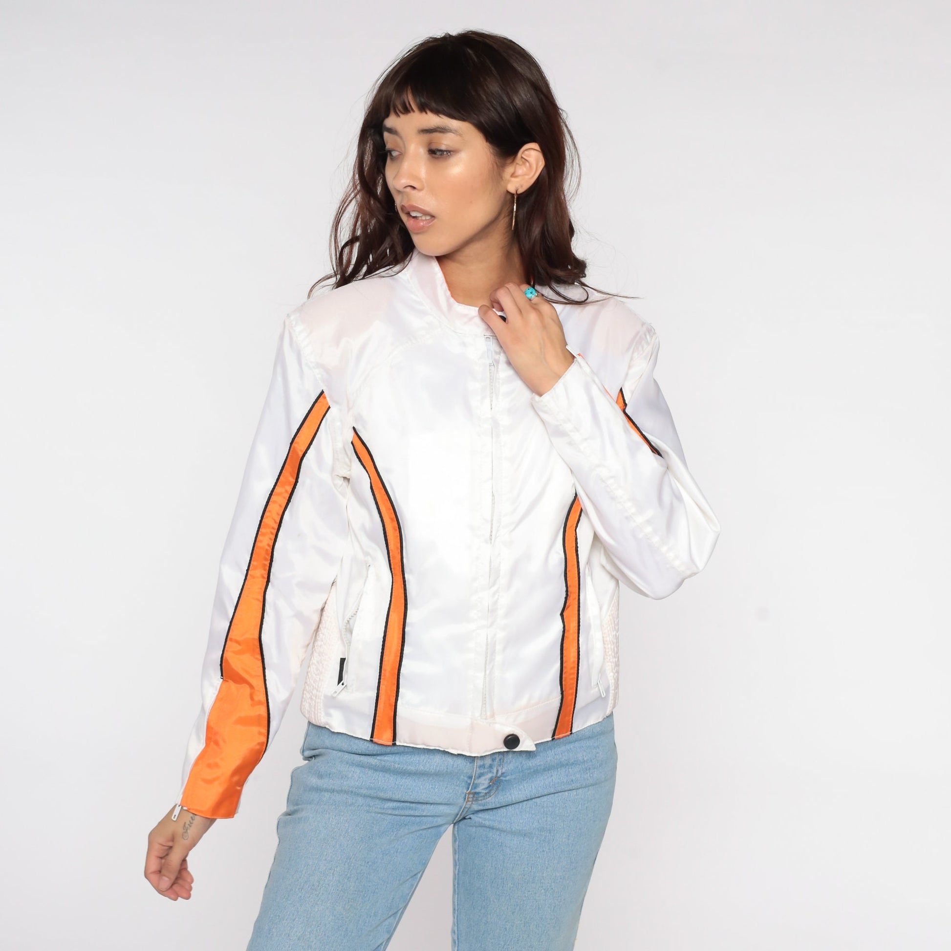 80s White Moto Jacket Orange Stripes Cafe Racer Windbreaker Medium