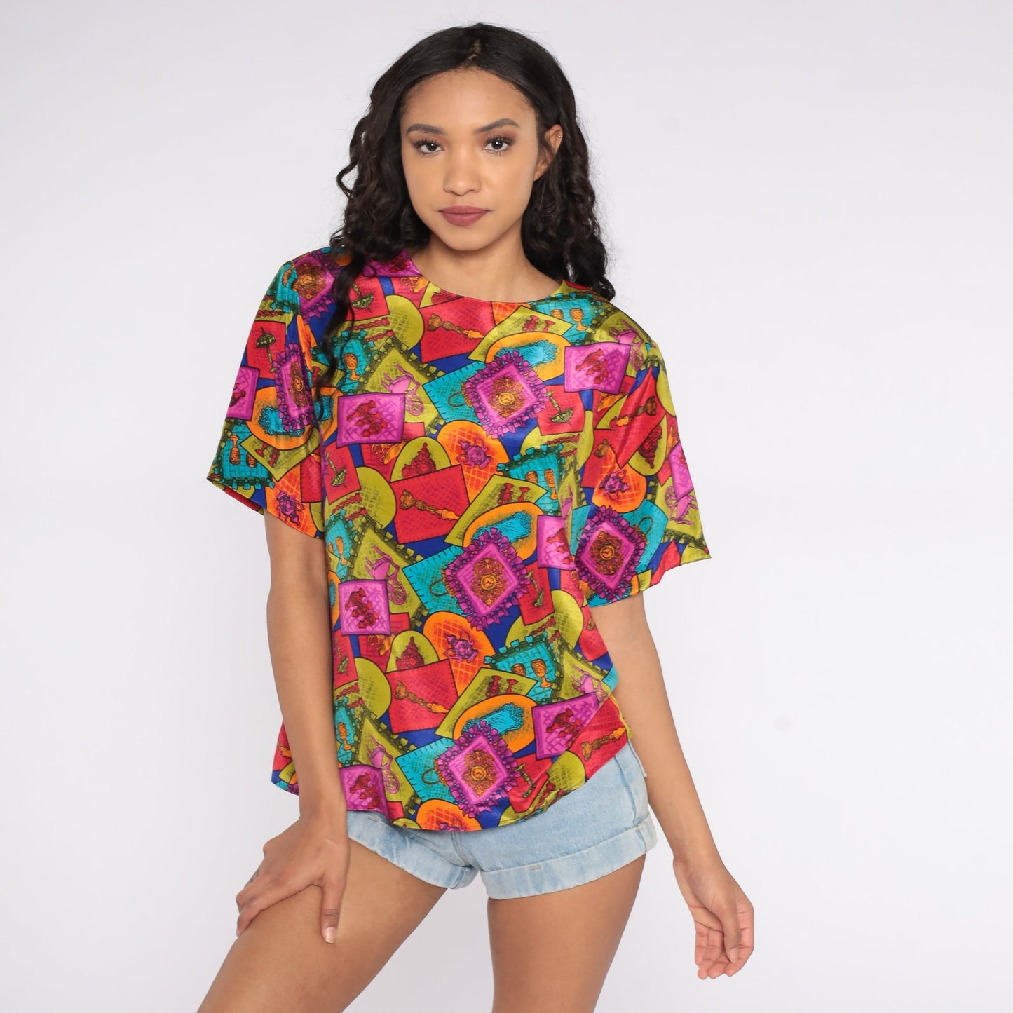 80s Geometric Furniture Print Blouse Cap Sleeve Multicolor Statement Top Large L
