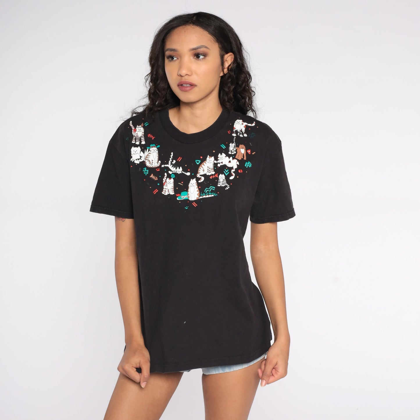 90s Cat T Shirt Tails of the West Kitten Graphic Tee Black Large L