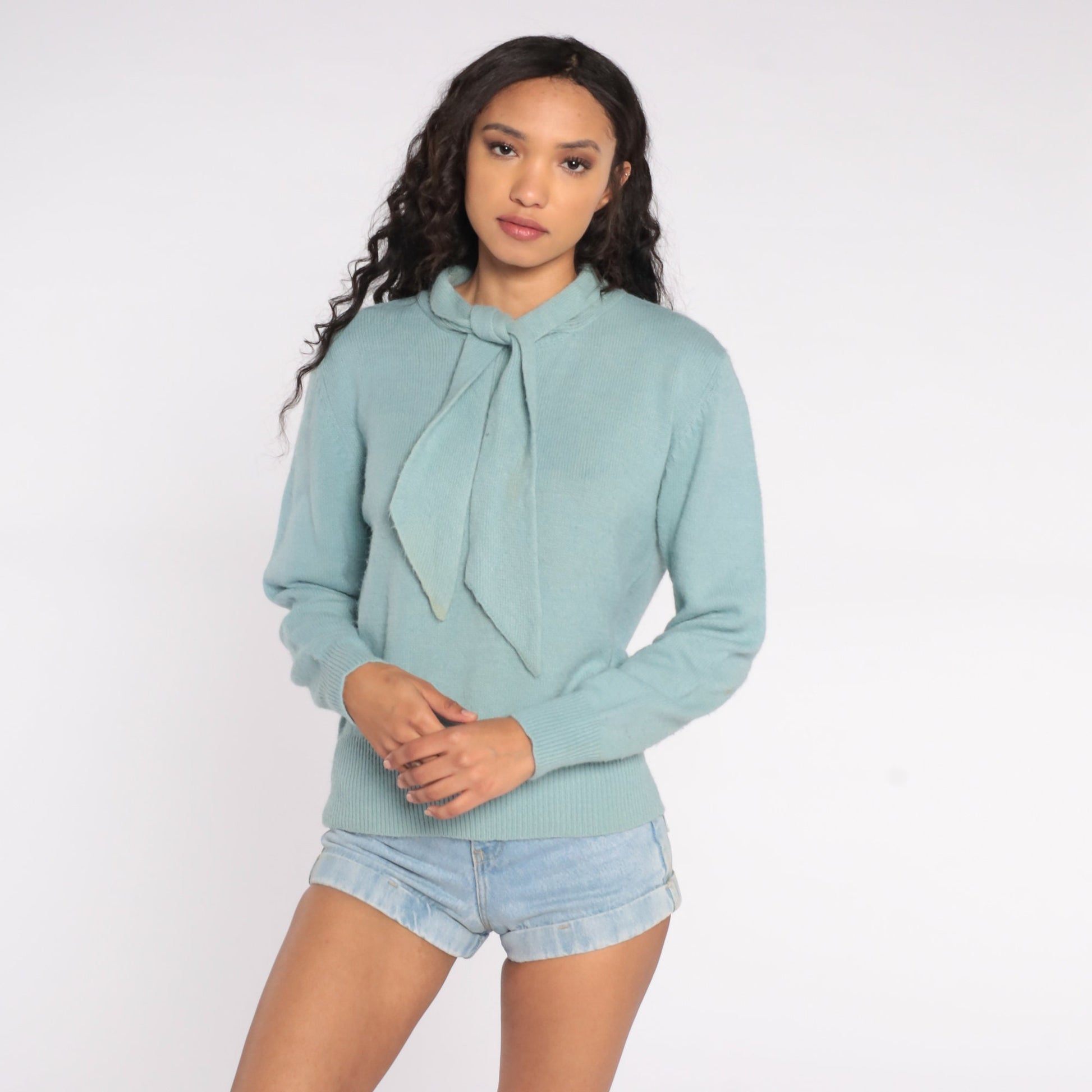 80s Seafoam Blue Ascot Sweater Knit Pullover Large L