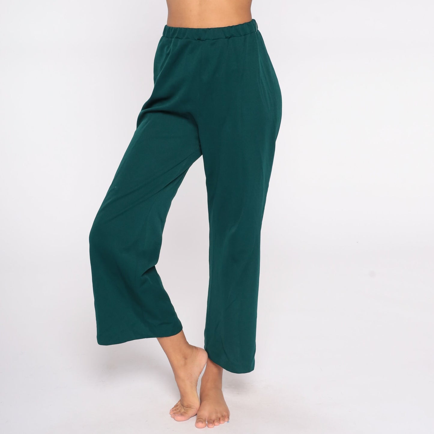 70s Green Bell Bottom Trousers High Waist Flared Polyester Small Medium