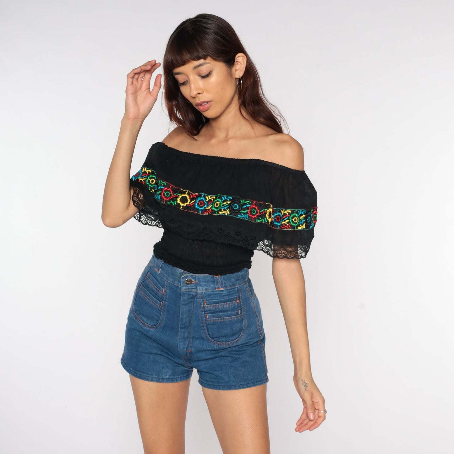 80s Black Off-Shoulder Blouse Floral Embroidered Smocked Waist Extra Small