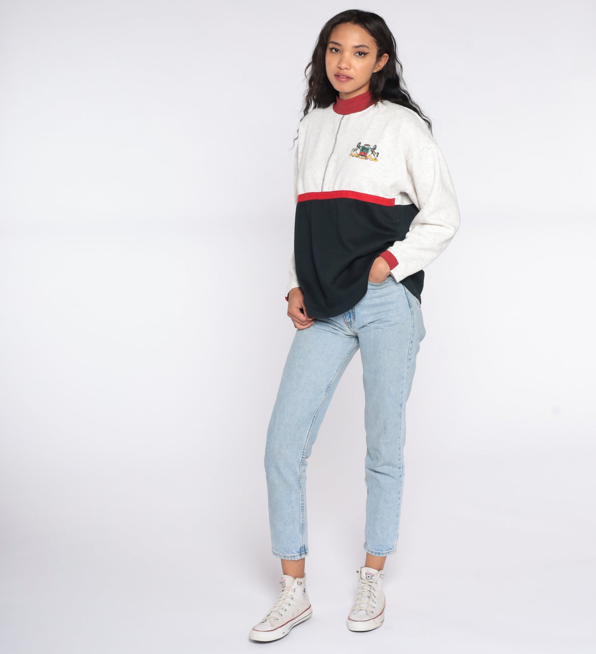 90s Horse Crest Colour Block Sweatshirt Grey Black Mock Neck Medium Large
