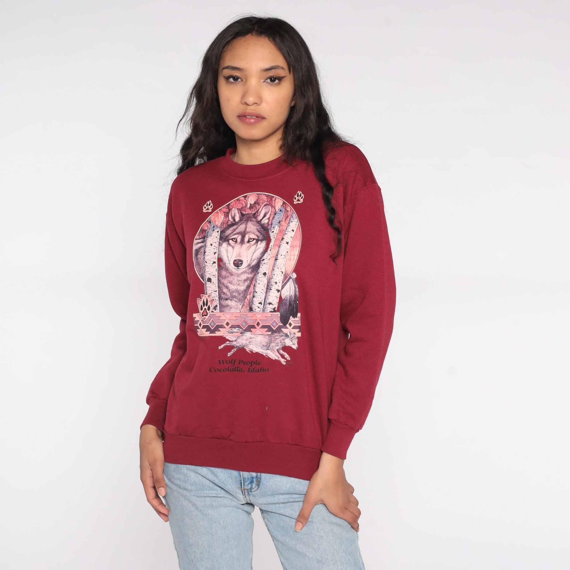 90s Wolf People Cocolalla Idaho Graphic Sweatshirt Burgundy Small