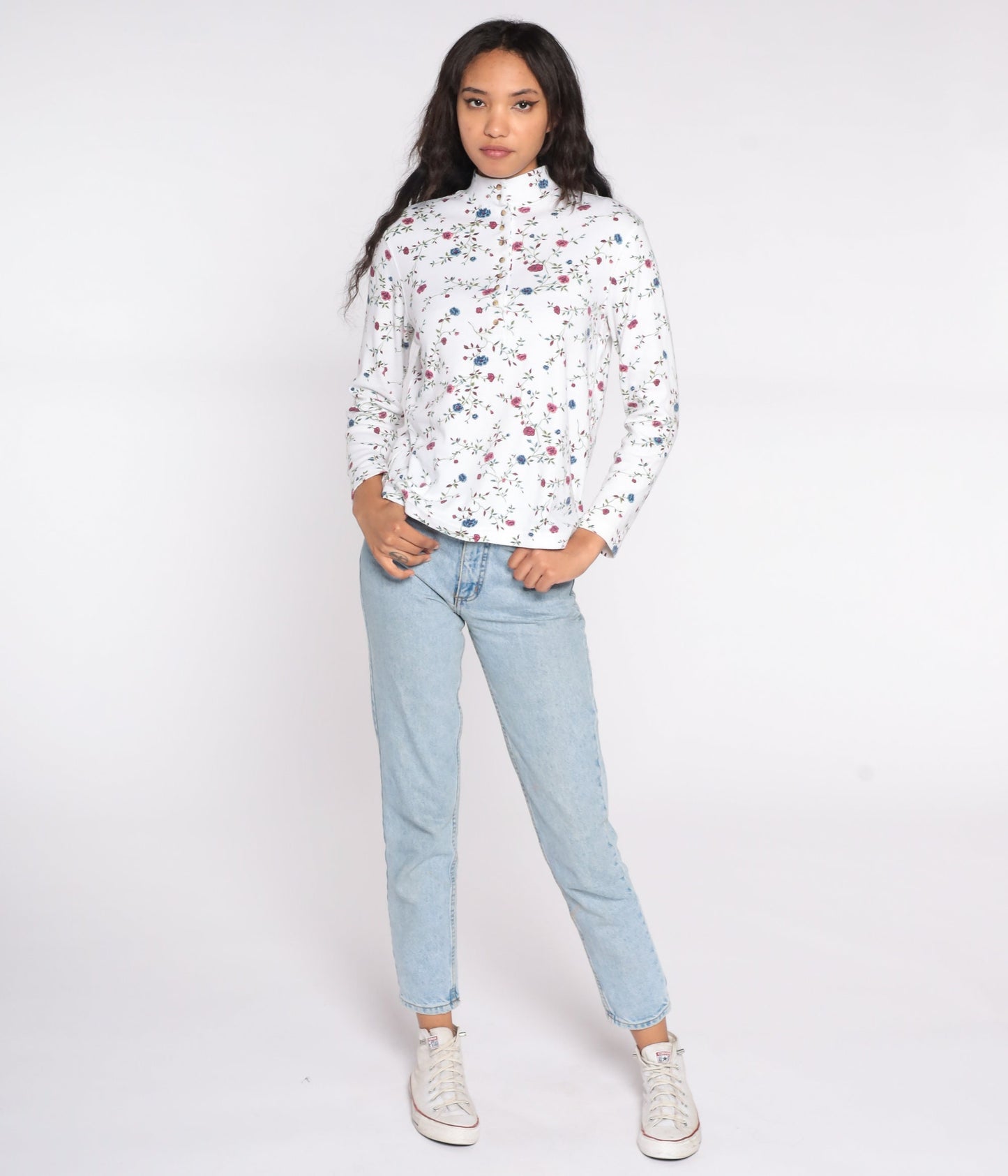 90s Floral Mock Neck Shirt White Long Sleeve Quarter Button Top Small