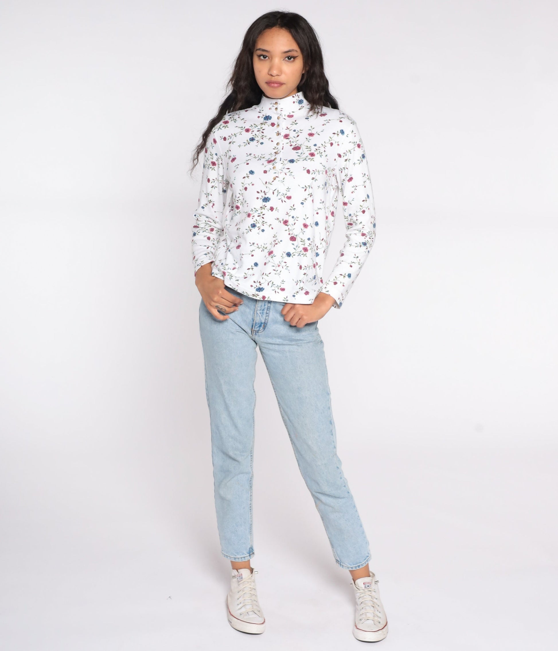 90s Floral Mock Neck Shirt White Long Sleeve Quarter Button Top Small