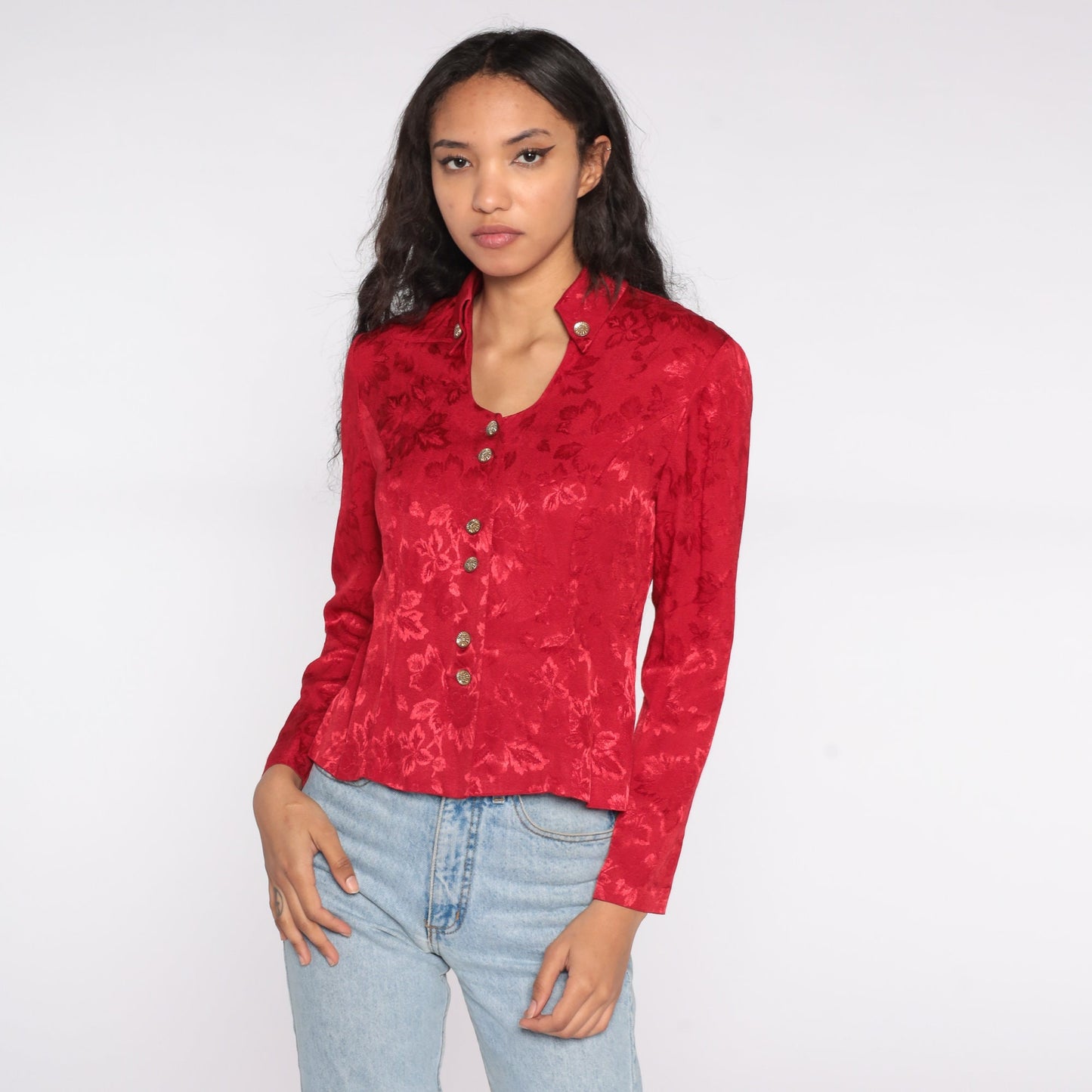 90s Red Leaf Embossed Button-Up Blouse Long Sleeve Medium M