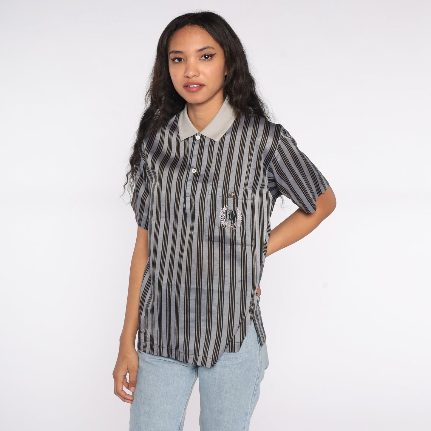 90s Striped Polo Shirt Embroidered G Crest Grey Black Gold Large