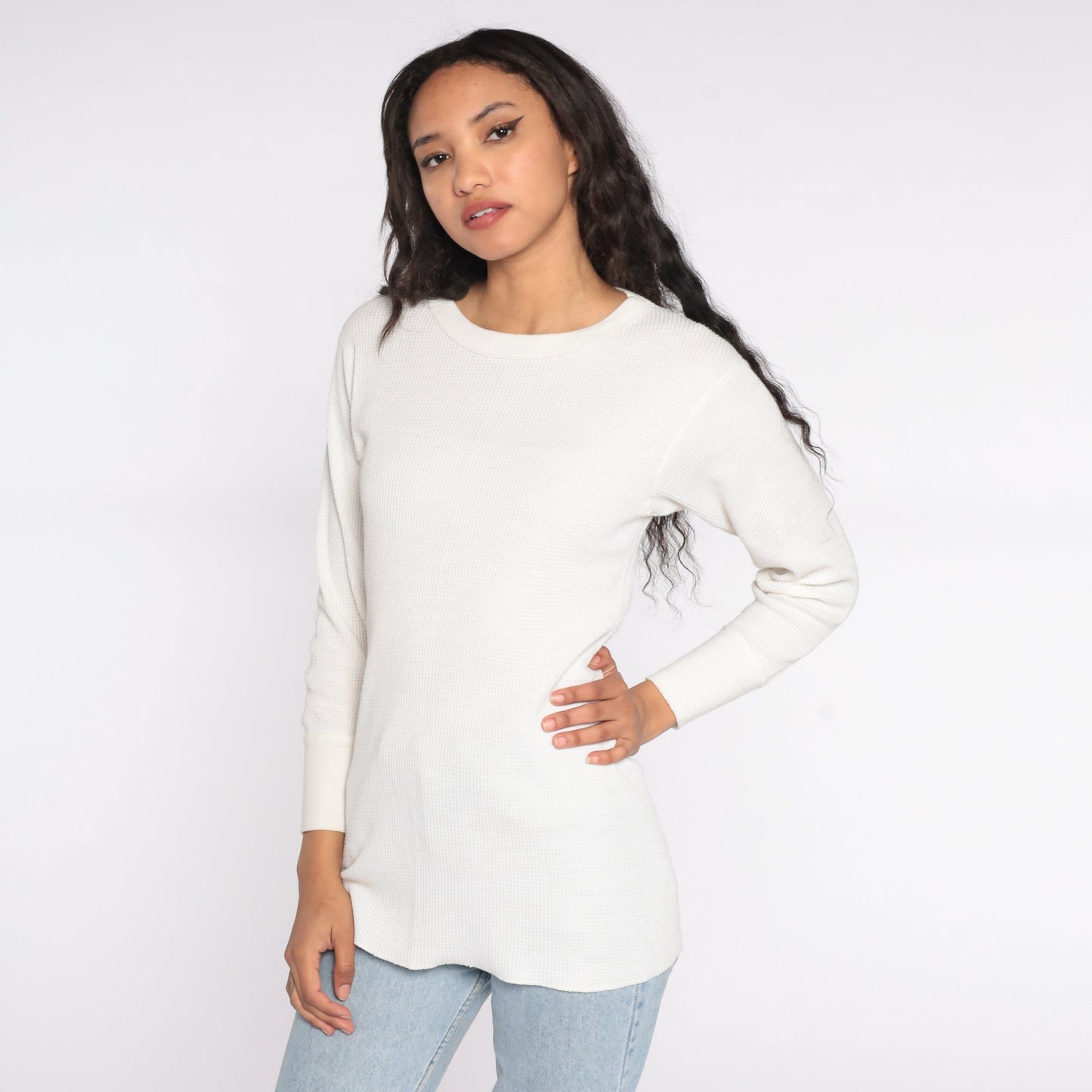 80s White Waffle Knit Thermal Long Sleeve Undershirt Medium