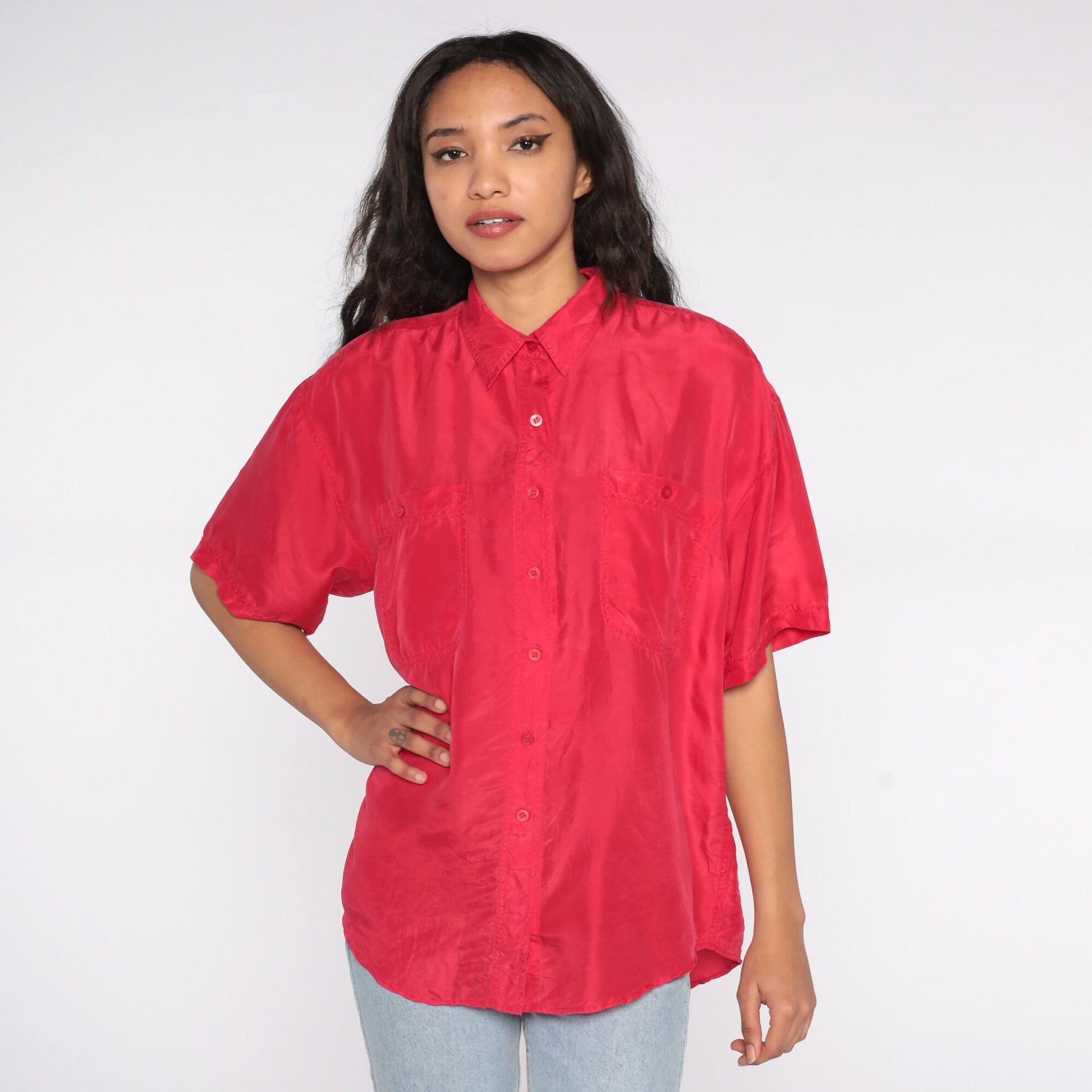 90s Red Silk Button-Up Shirt Short Sleeve Blouse Medium M