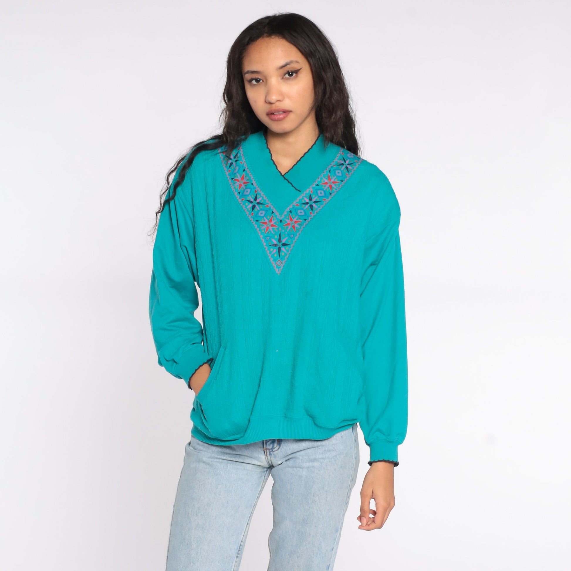 80s Teal Geometric Necklace Print Sweatshirt Scalloped Collar Medium