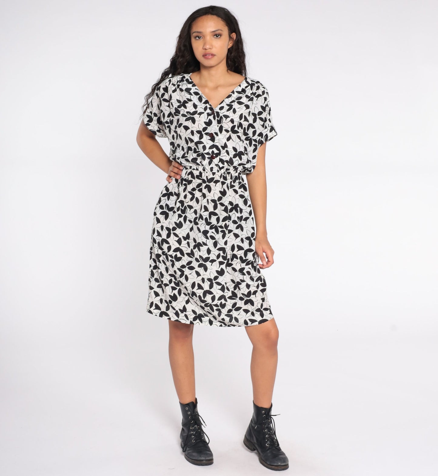 80s Black White Floral Midi Dress Button-Up Short Sleeve Medium