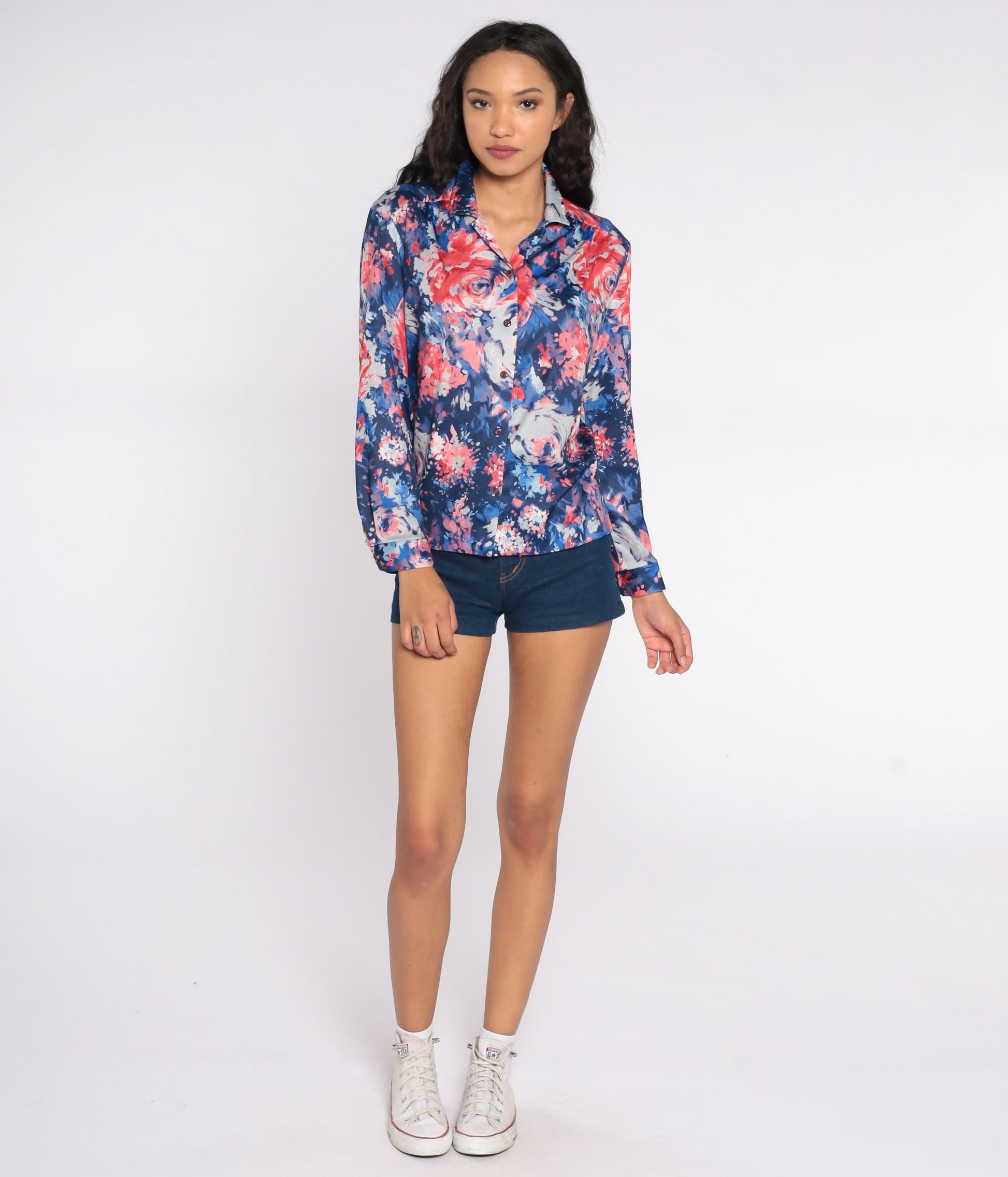 70s Watercolor Rose Print Button-Up Shirt Blue Red Long Sleeve Large