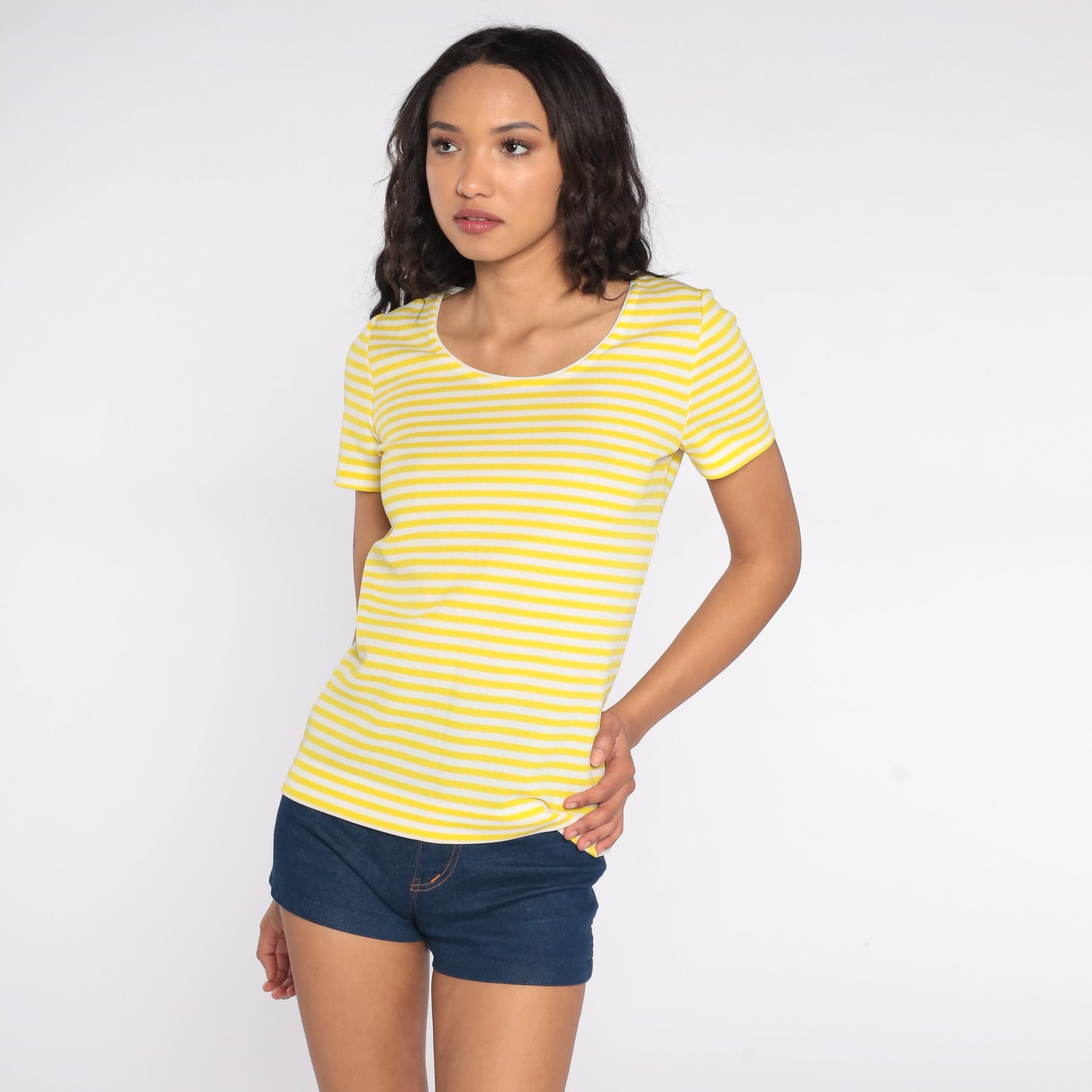 70s Yellow White Striped Scoop Neck T-Shirt Short Sleeve Vintage Tee Small