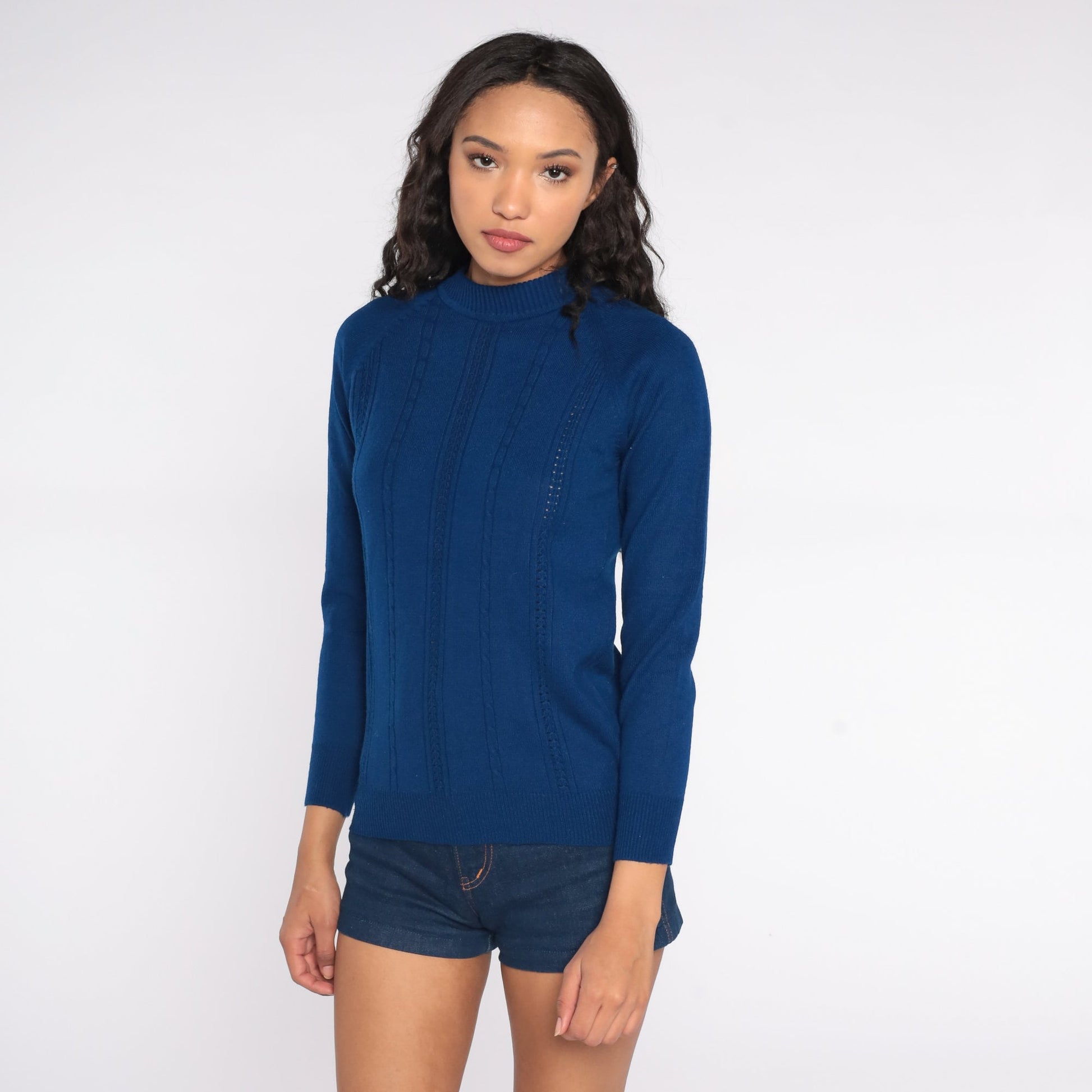 70s Navy Cable Knit Mock Neck Sweater Pullover Small S
