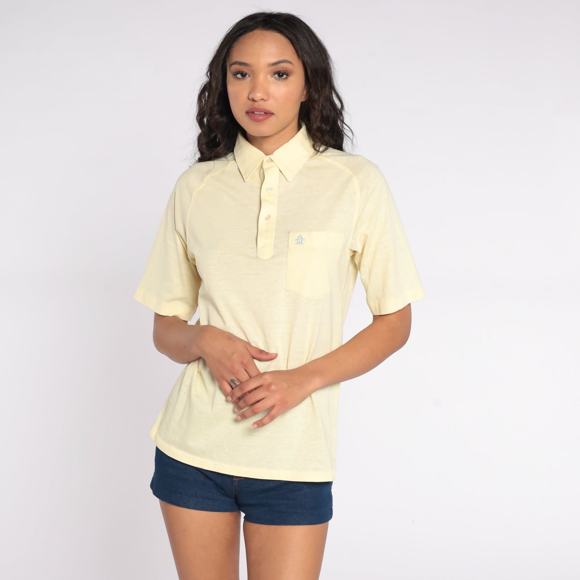 70s Munsingwear Penguin Polo Shirt Yellow Half-Button Short Sleeve Small