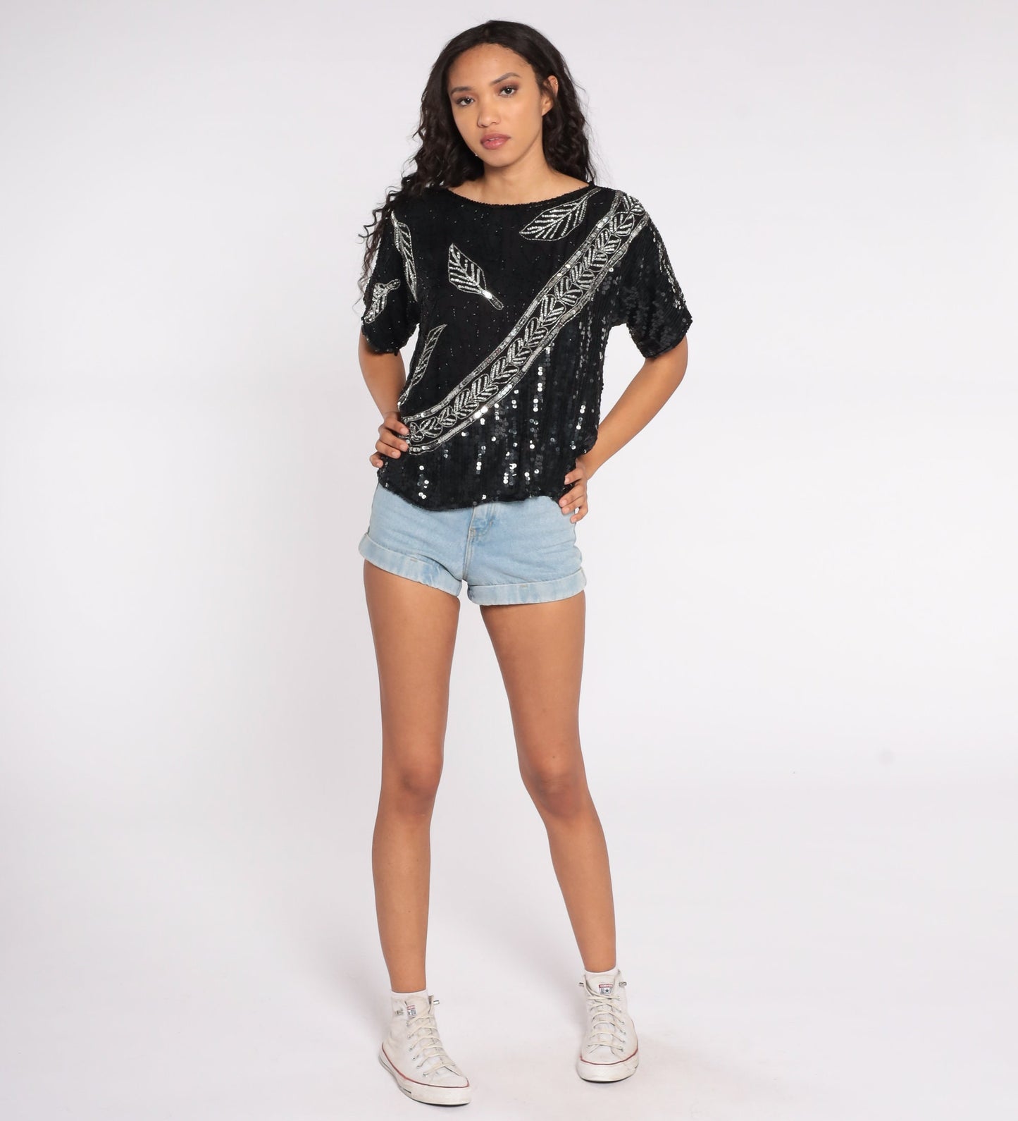 80s Black Silk Sequin Beaded Blouse Silver Leaf Print Disco Top Medium