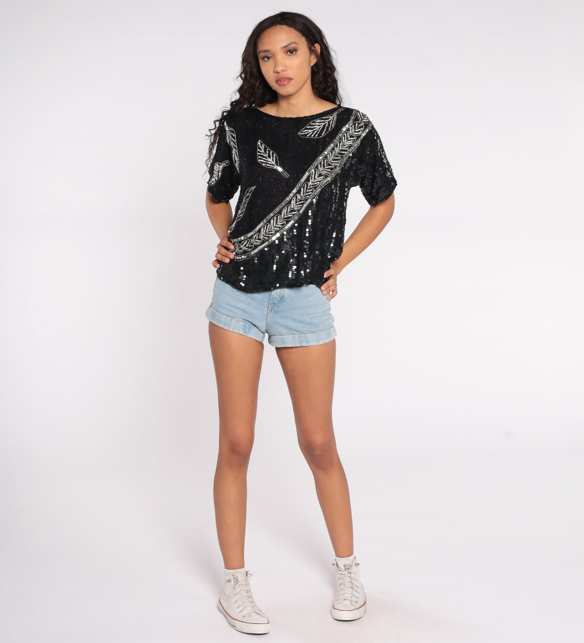 80s Black Silk Sequin Beaded Blouse Silver Leaf Print Disco Top Medium