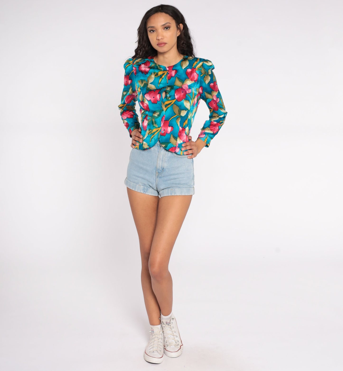 80s Blue Floral Silk Button-Up Blouse Puff Sleeve Medium