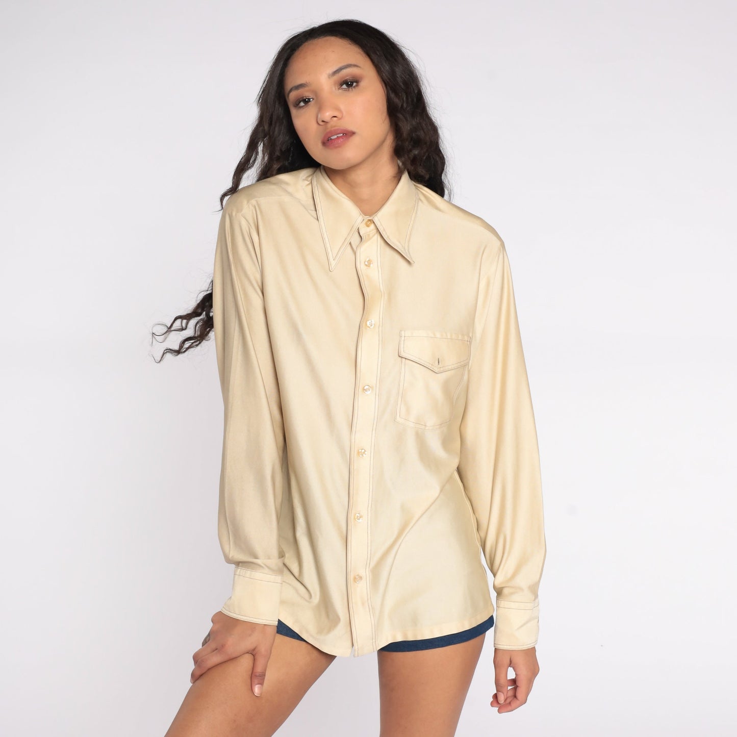 70s JC Penney Champagne Dagger Collar Button-Up Shirt Long Sleeve Medium