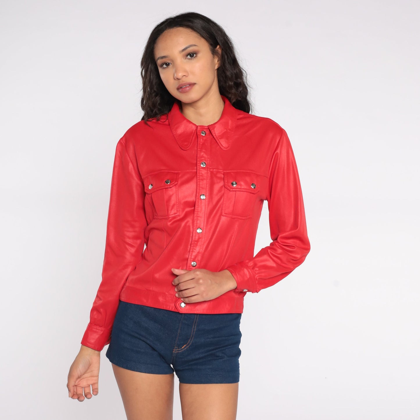 70s Red Shimmery Biker Blouse Snap-Front Long Sleeve Shirt Small