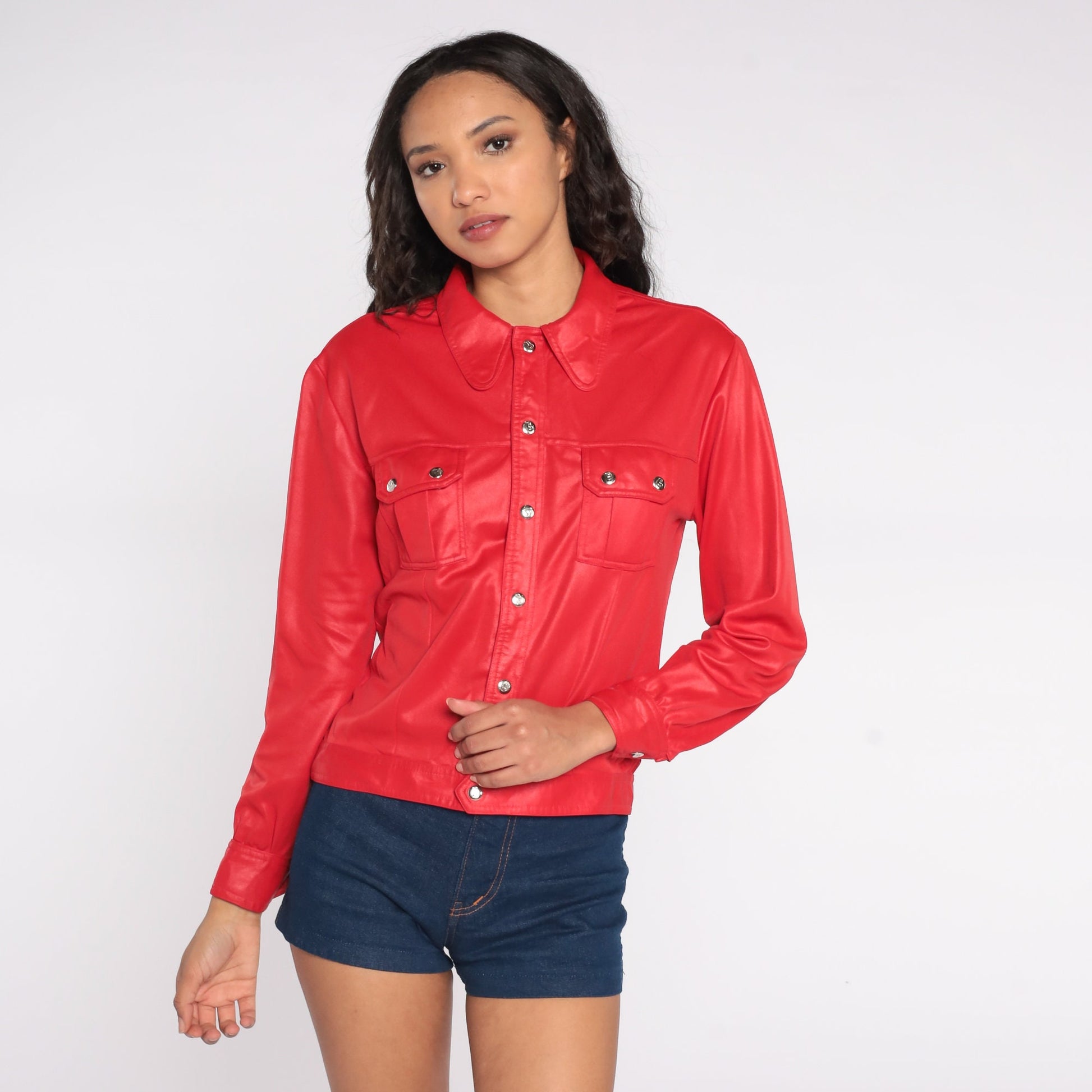70s Red Shimmery Biker Blouse Snap-Front Long Sleeve Shirt Small