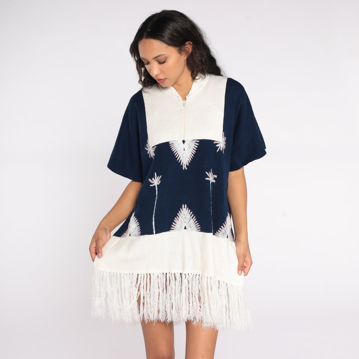 70s Navy Knit Poncho Sweater Floral Embroidery Fringe Shawl Medium Large