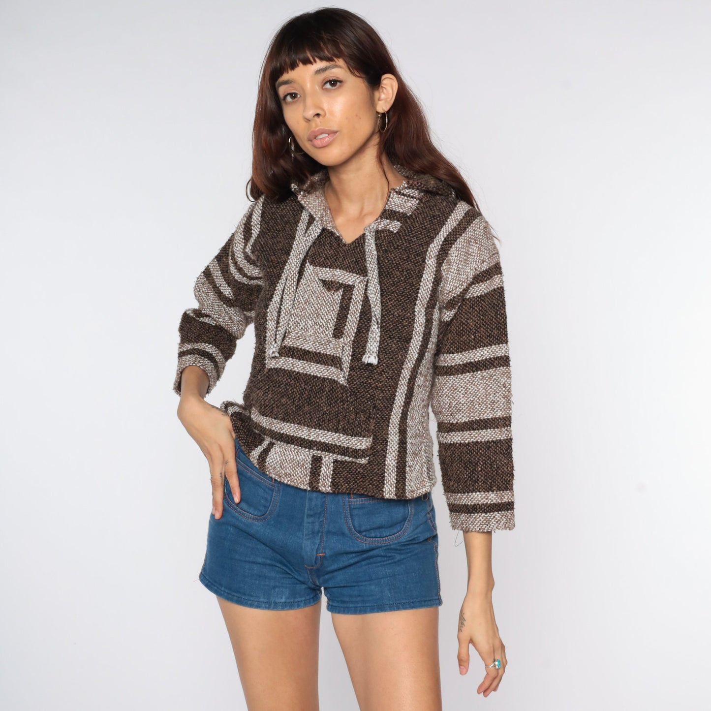 90s Mexican Drug Rug Hoodie Brown Stripe Kangaroo Pocket XXS