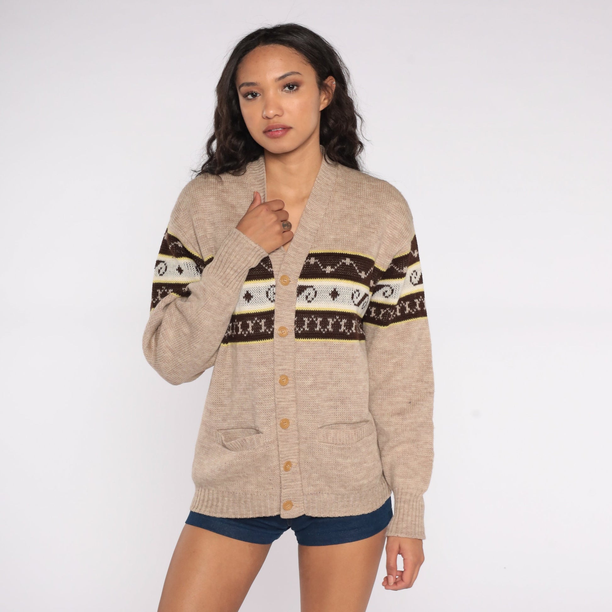 70s Brown Wool Cardigan Virgin Wool Button-Up Knit Sweater Large L