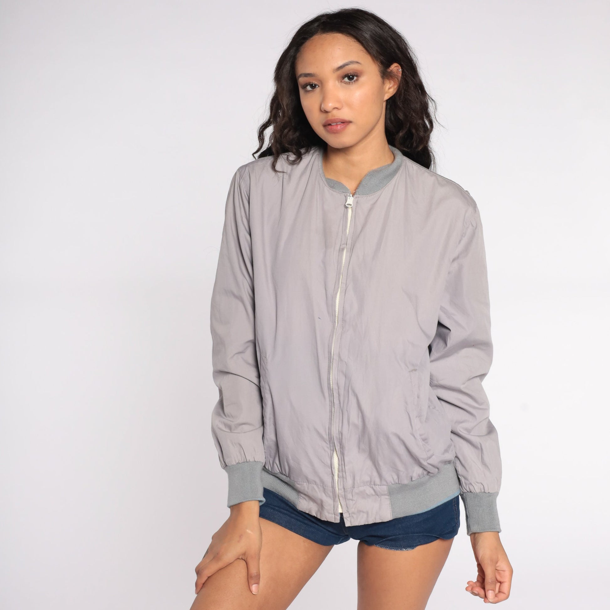 80s Baby Blue Reversible Windbreaker Jacket Color Block Grey White Small Medium
