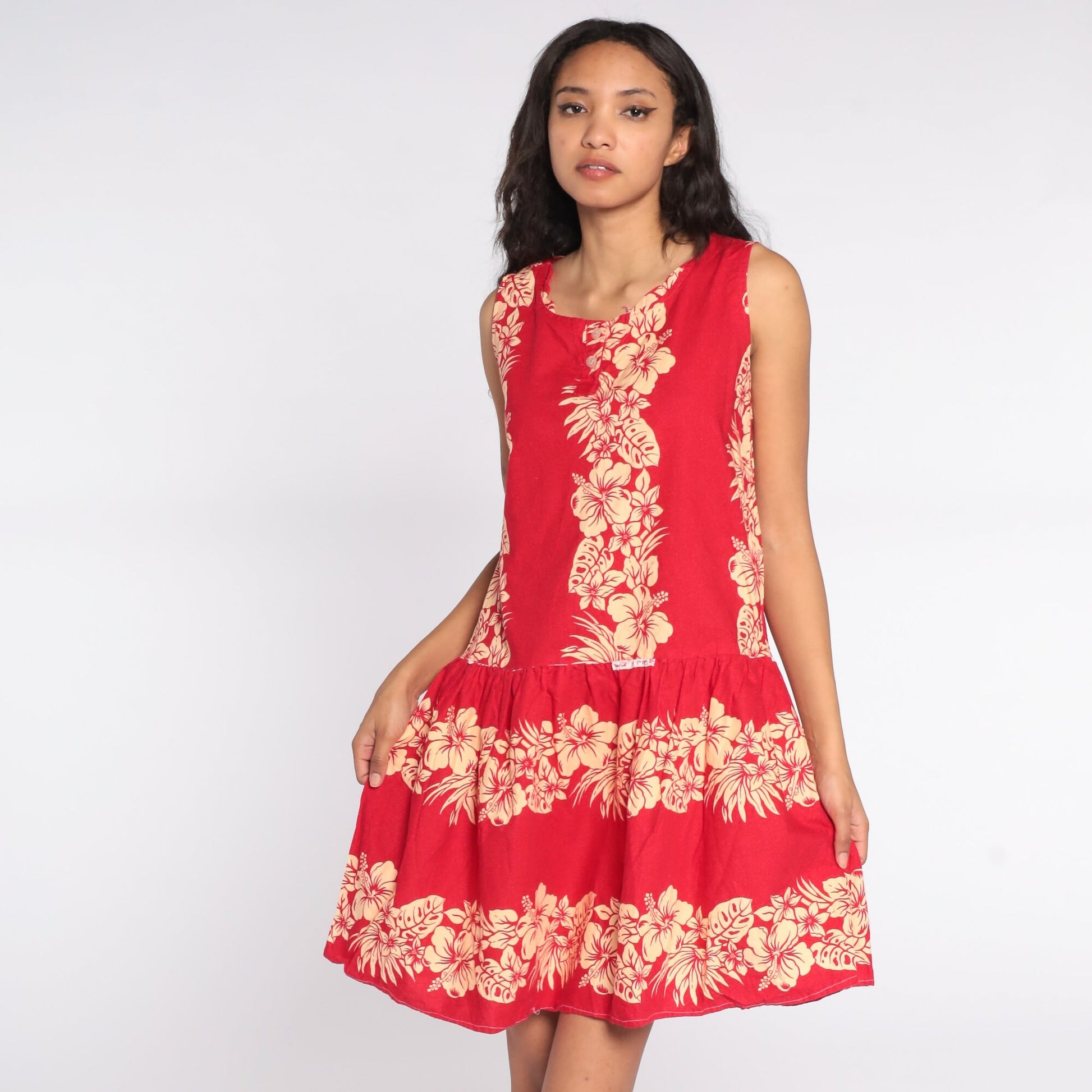 80s Tropical Floral Mini Dress Red Button-Up Sleeveless Medium