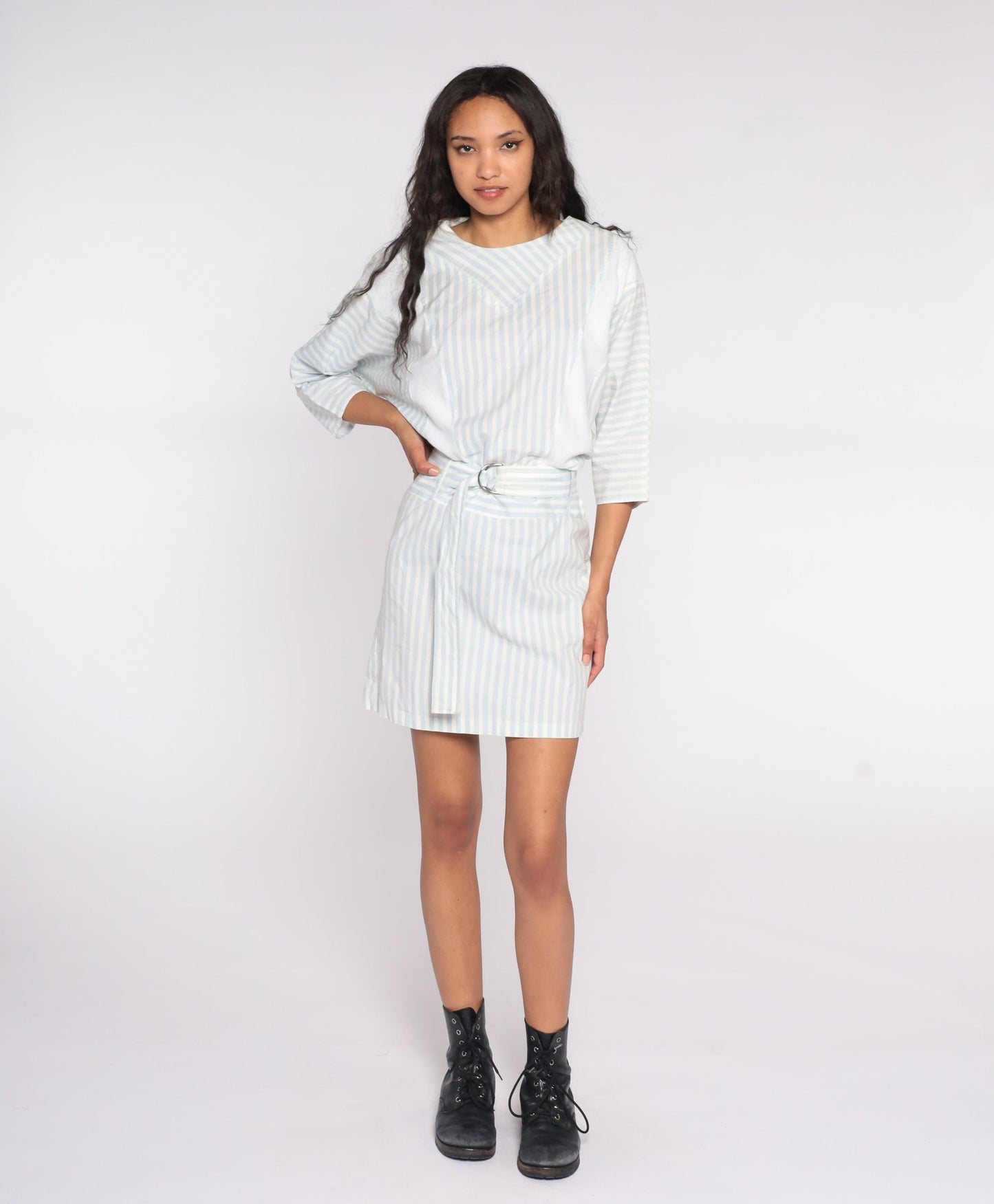 80s Striped Mini Dress White Blue 3/4 Sleeve High Waisted Medium