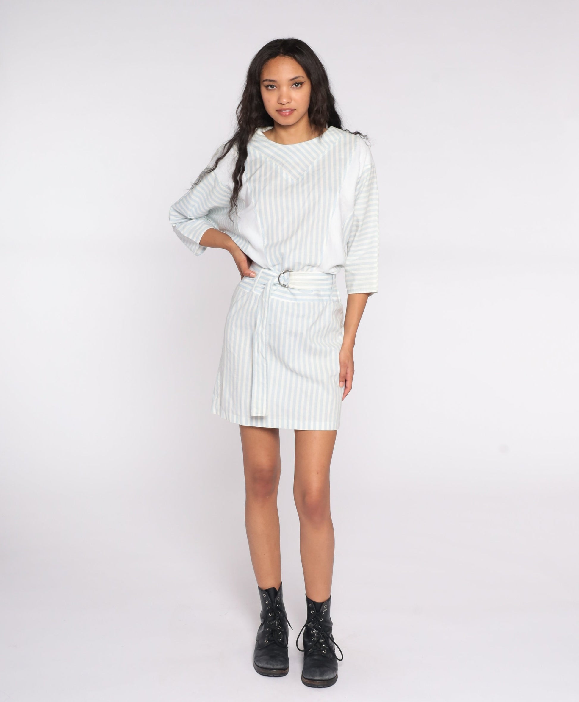 80s Striped Mini Dress White Blue 3/4 Sleeve High Waisted Medium