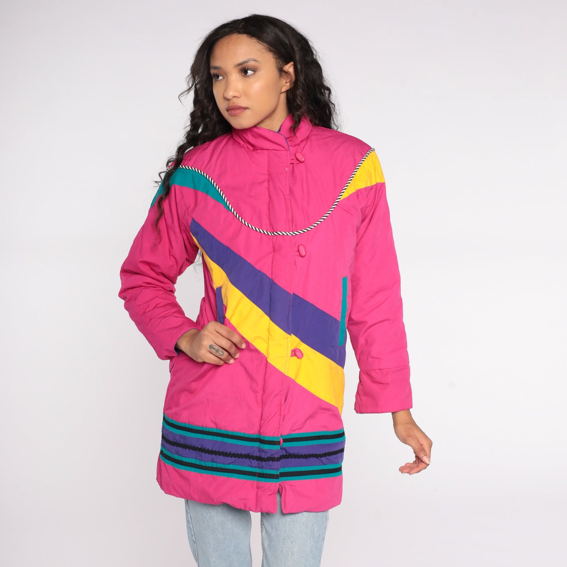 80s Neon Pink Puffer Ski Jacket Abstract Stripe Toggle Buttons Floral Lining Extra Small XS
