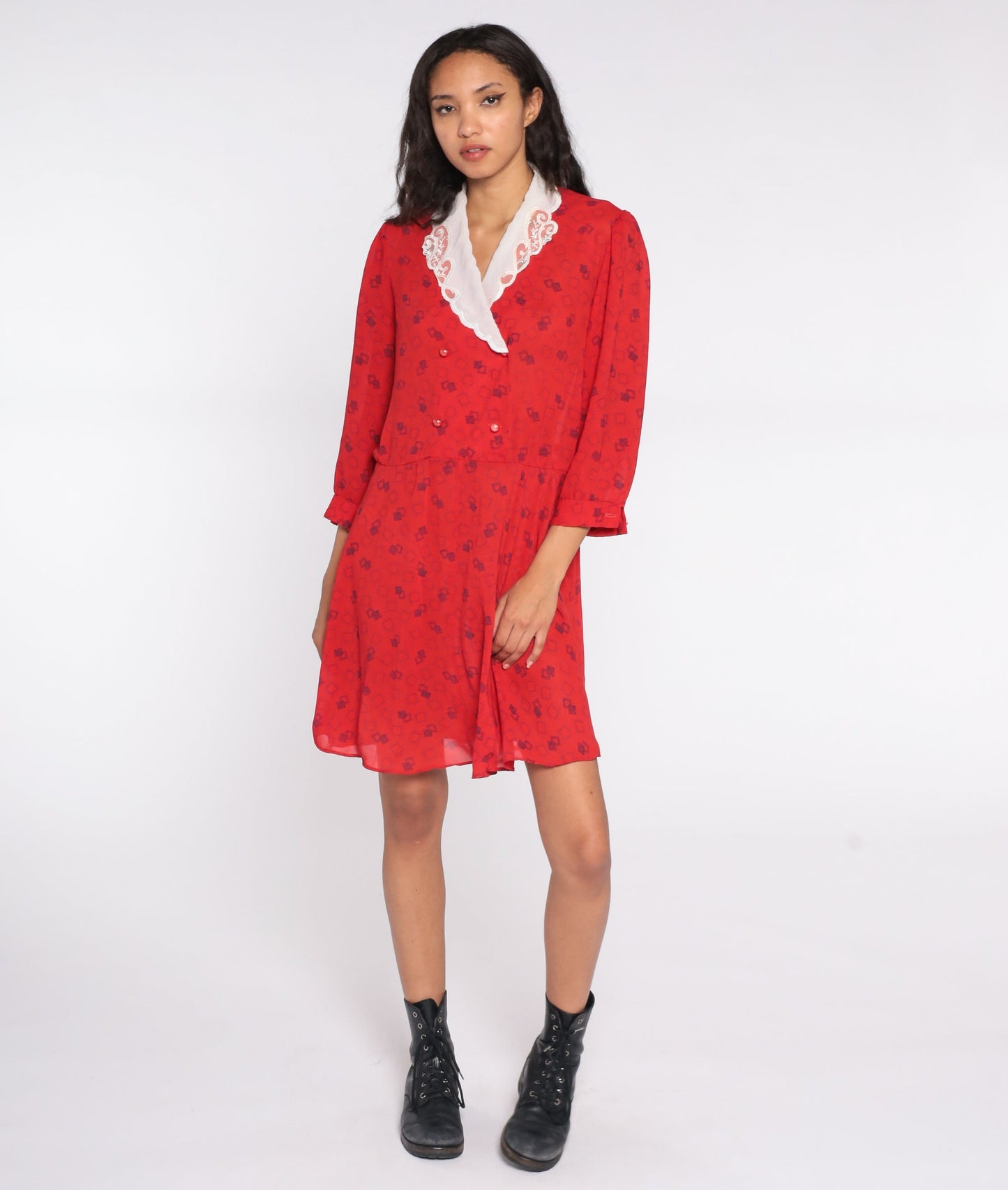 80s Geometric Print Wrap Dress Red Mini V-Neck High Waist Medium Large