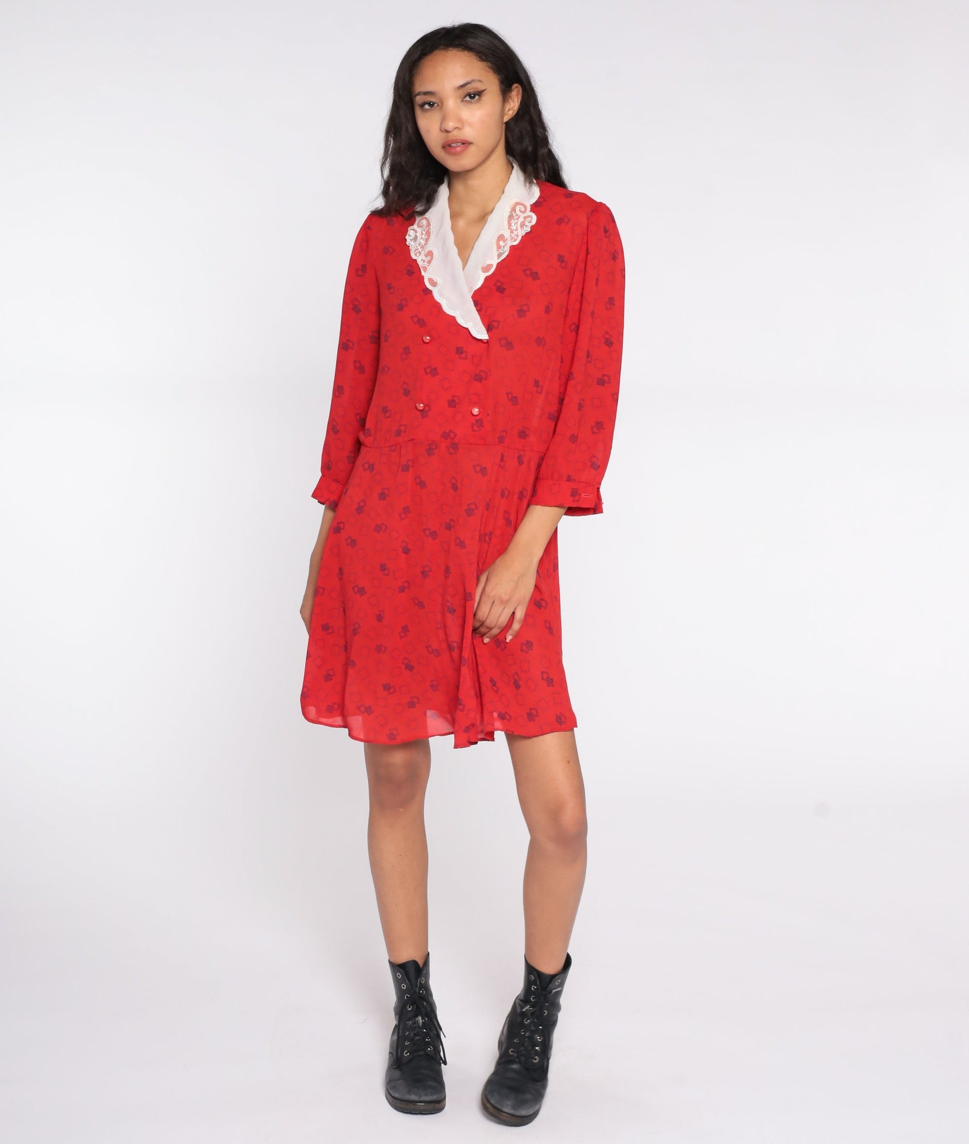 80s Geometric Print Wrap Dress Red Mini V-Neck High Waist Medium Large