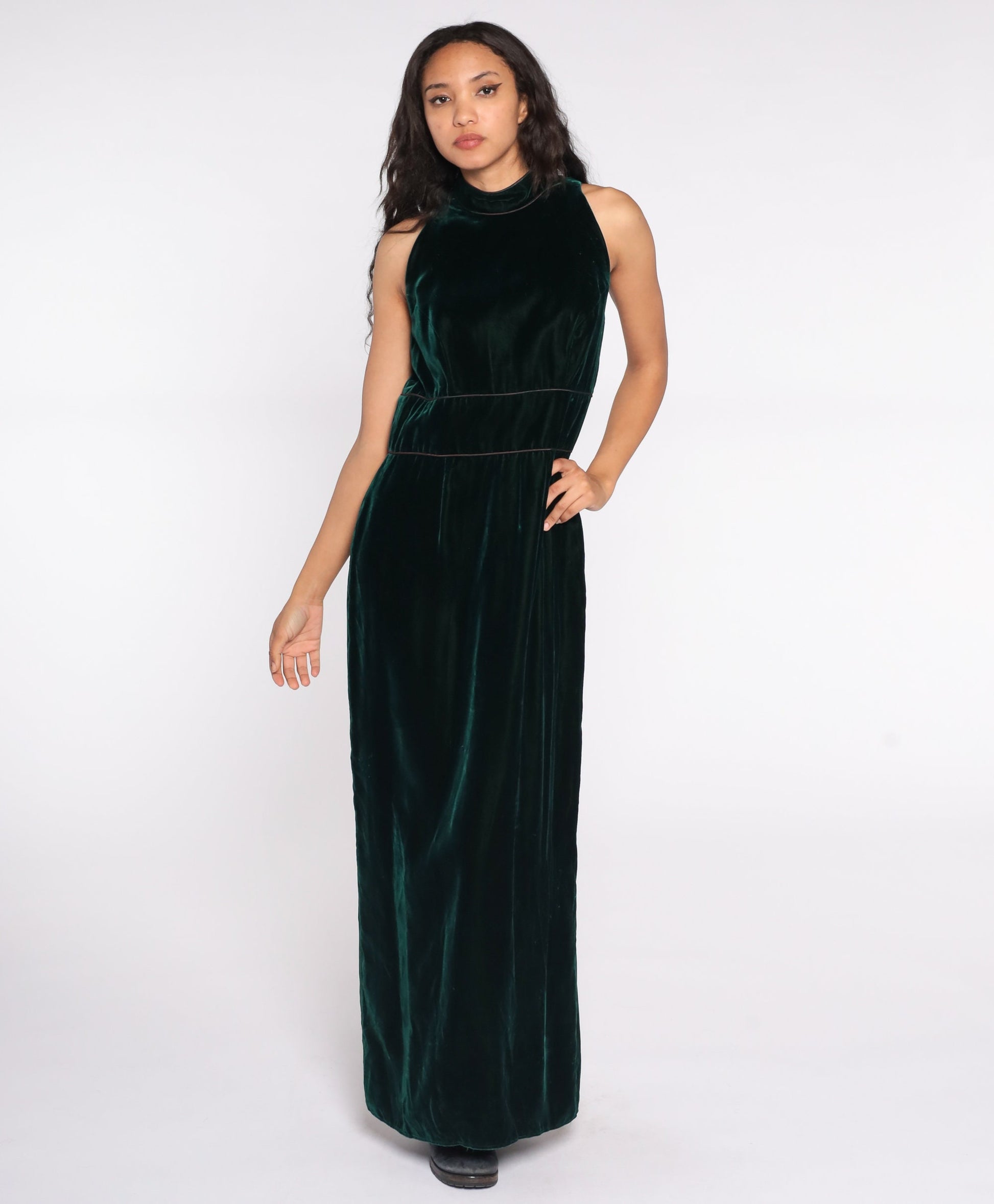 1970s Green Velvet Maxi Dress High Waist Bow Back Sleeveless Small Medium